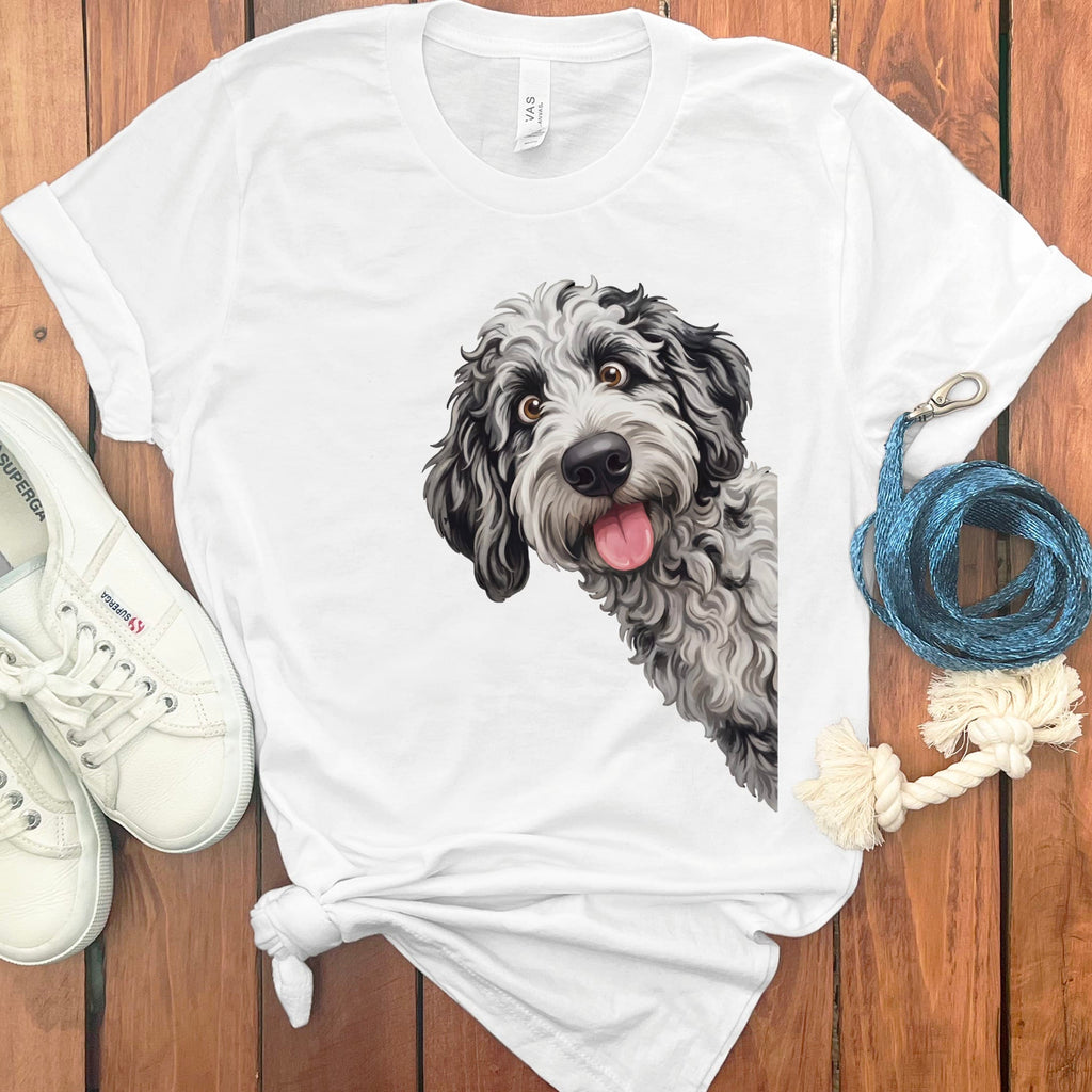 Tongue Out Merle Goldendoodle T-Shirt in White / S by MyDesigns