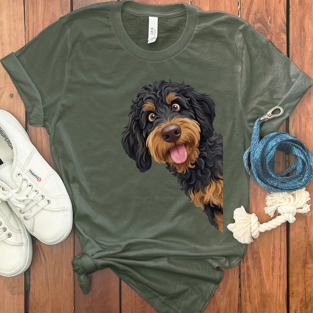 Tongue Out Phantom Goldendoodle T-Shirt in Military Green / S by MyDesigns