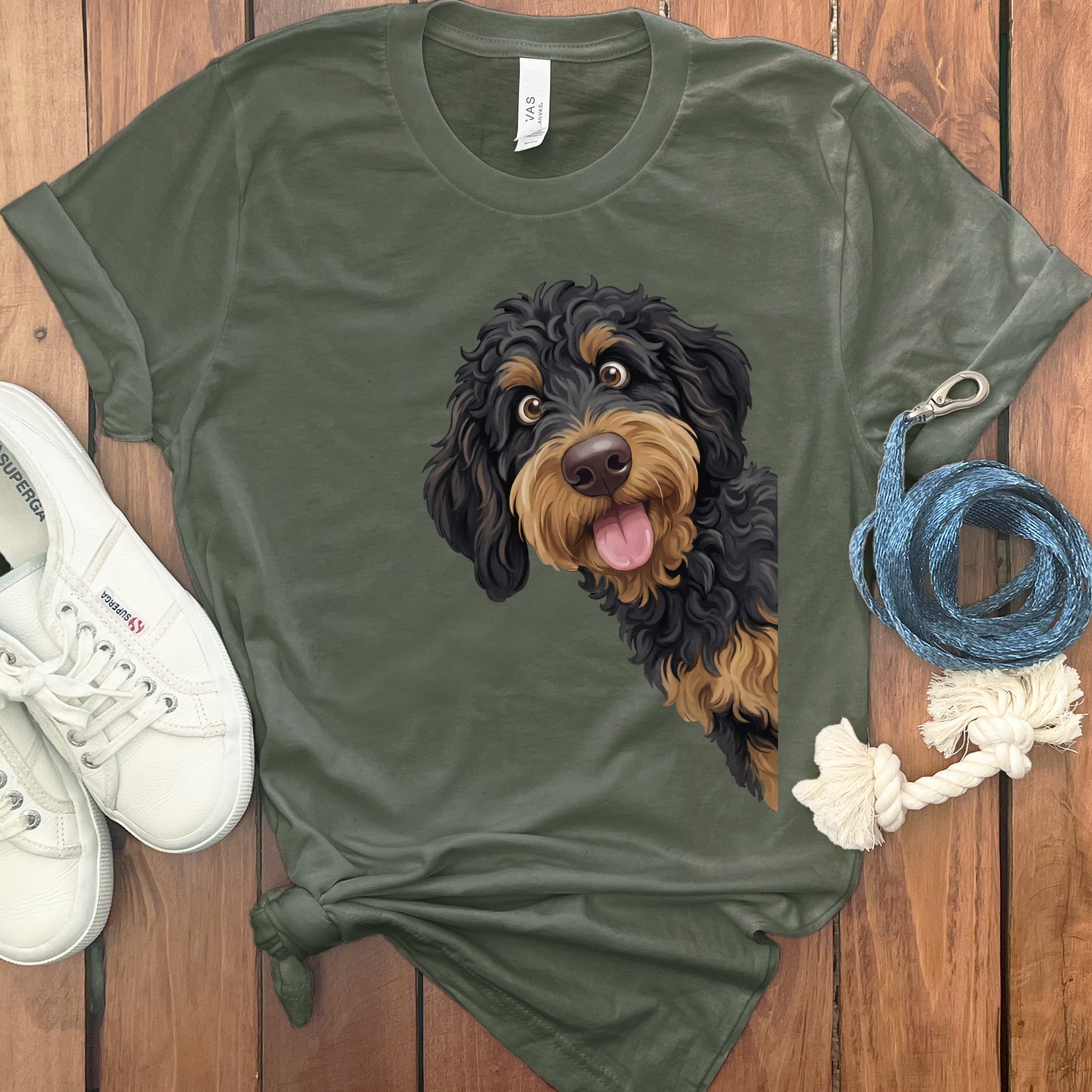 Tongue Out Phantom Goldendoodle T-Shirt in Military Green / S by MyDesigns