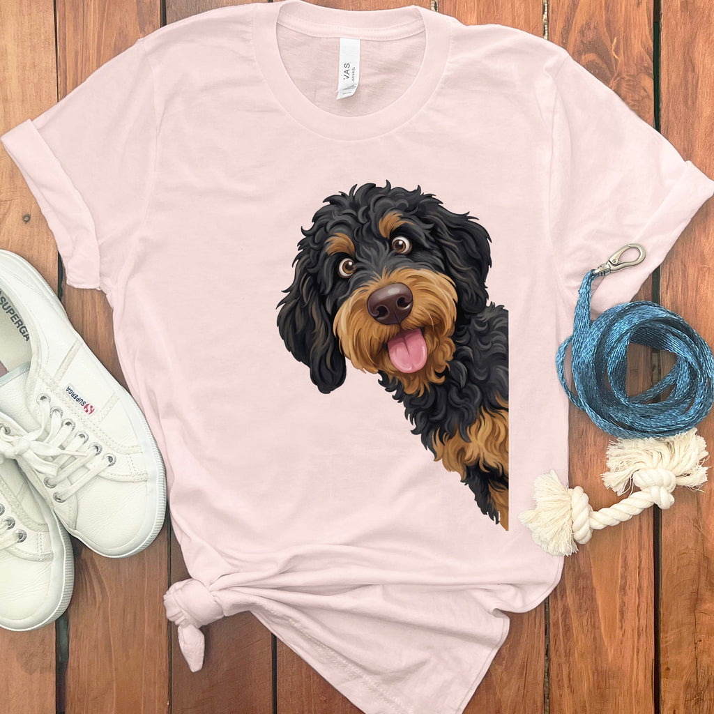 Tongue Out Phantom Goldendoodle T-Shirt in Soft Pink / S by MyDesigns