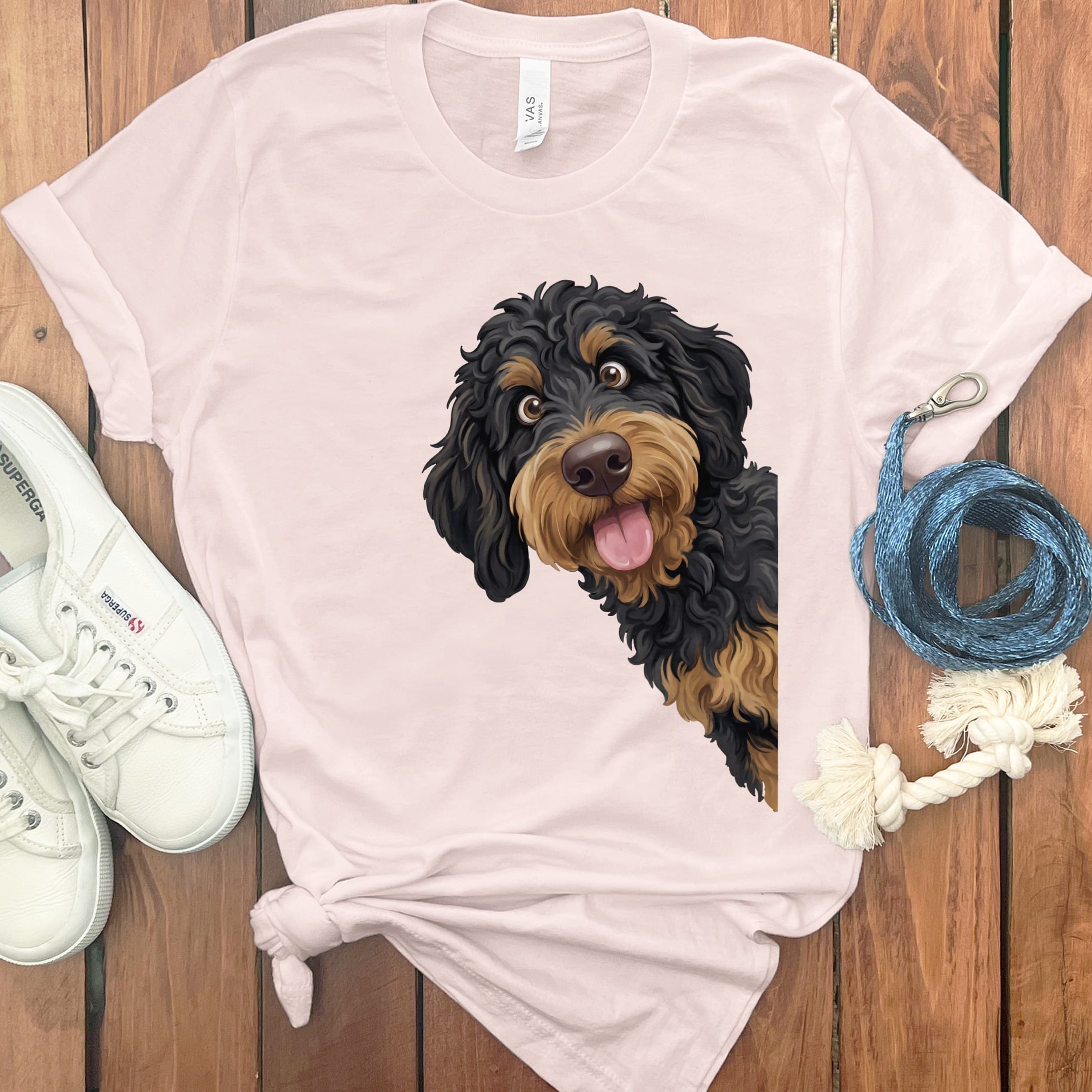 Tongue Out Phantom Goldendoodle T-Shirt in Soft Pink / S by MyDesigns