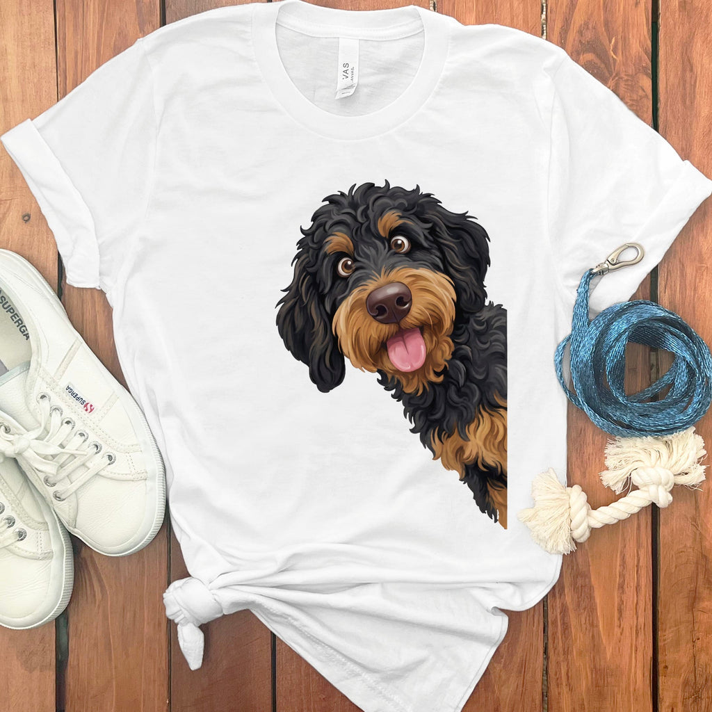 Tongue Out Phantom Goldendoodle T-Shirt in White / S by MyDesigns