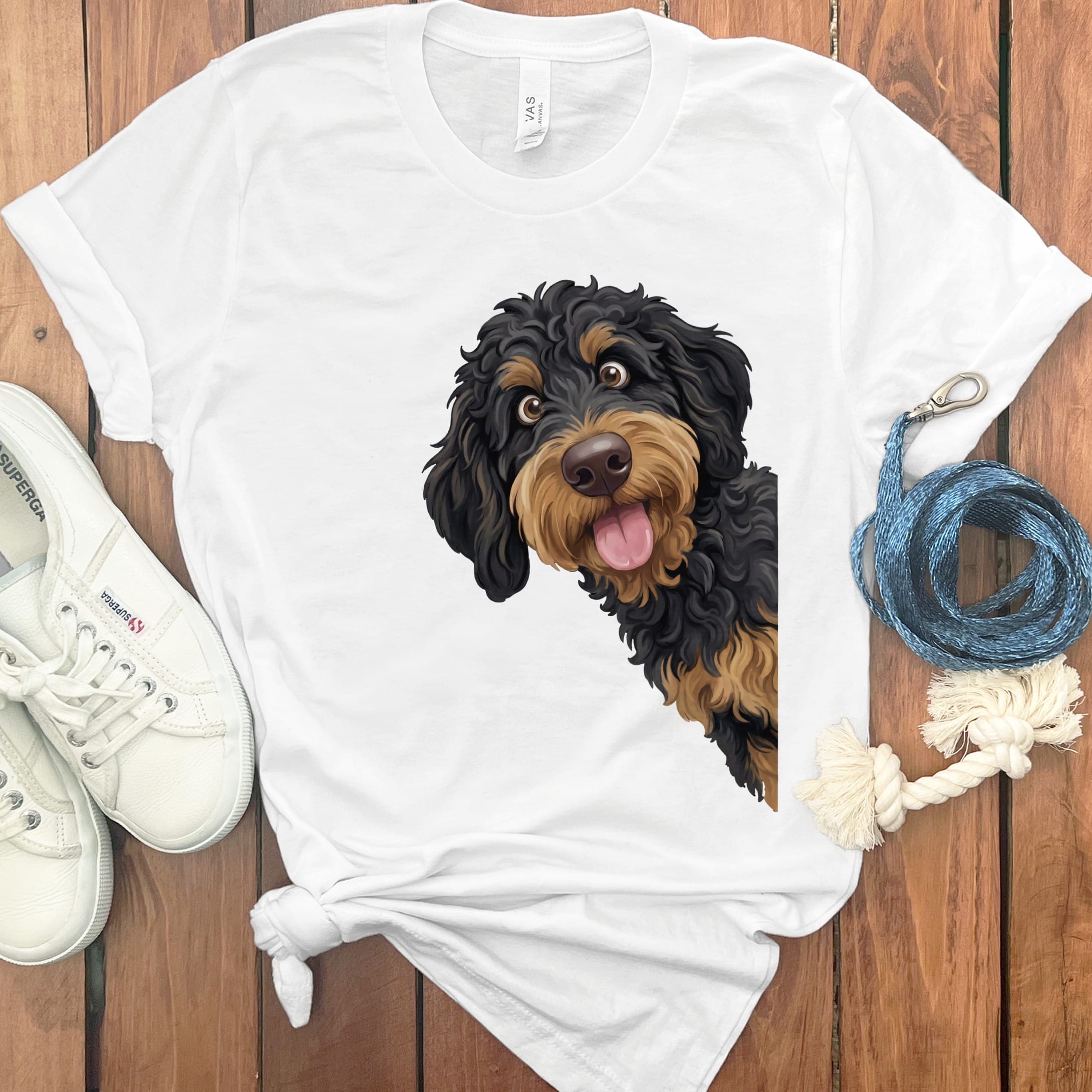 Tongue Out Phantom Goldendoodle T-Shirt in White / S by MyDesigns