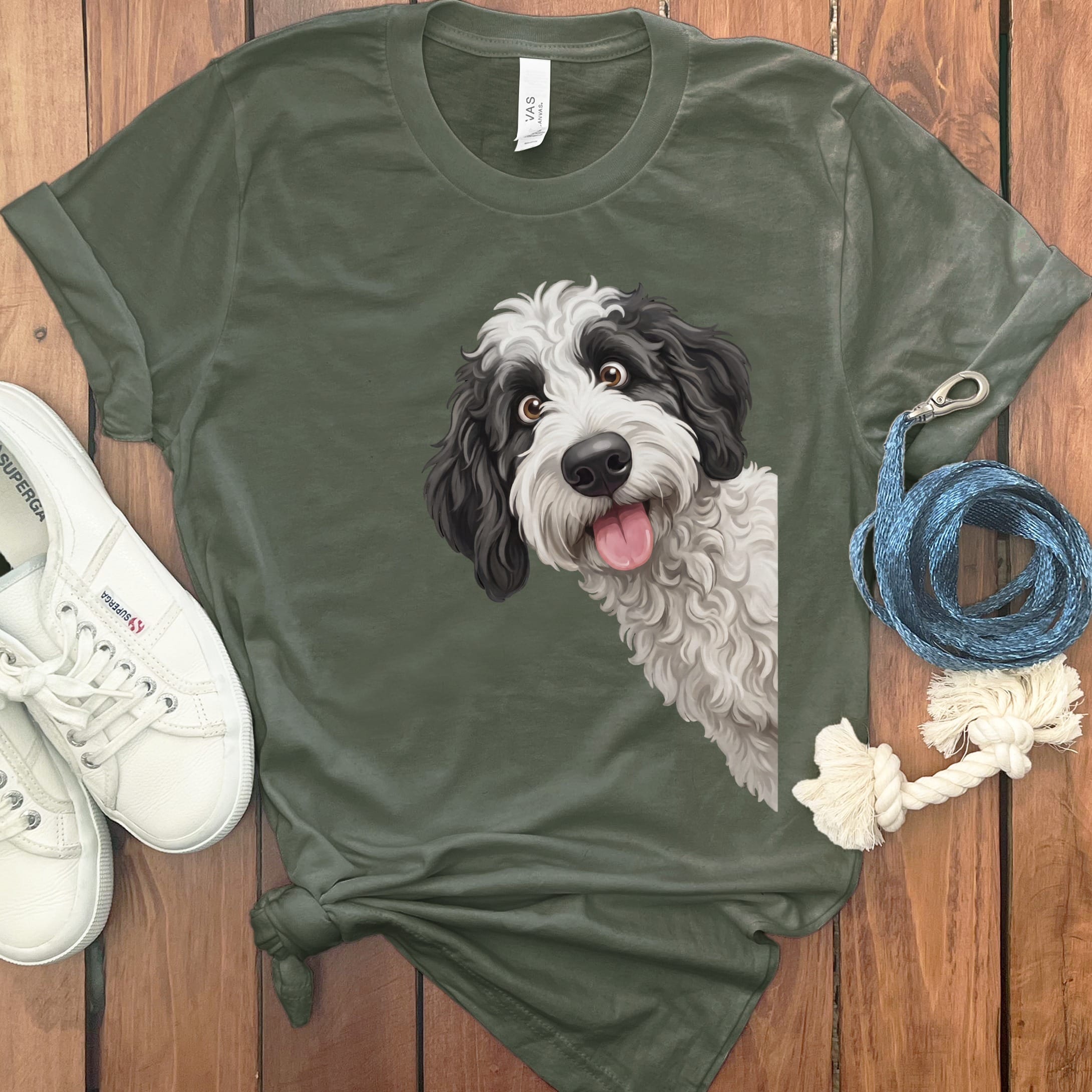 Tongue Out Sheepadoodle T-Shirt in Military Green / S by MyDesigns