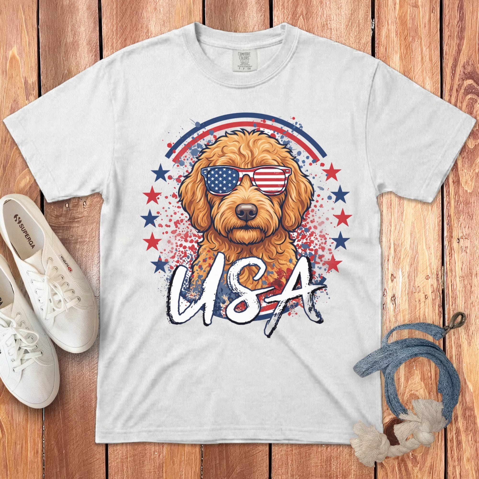 USA Apricot Doodle Signature T-Shirt in White / S by Puppy Jo