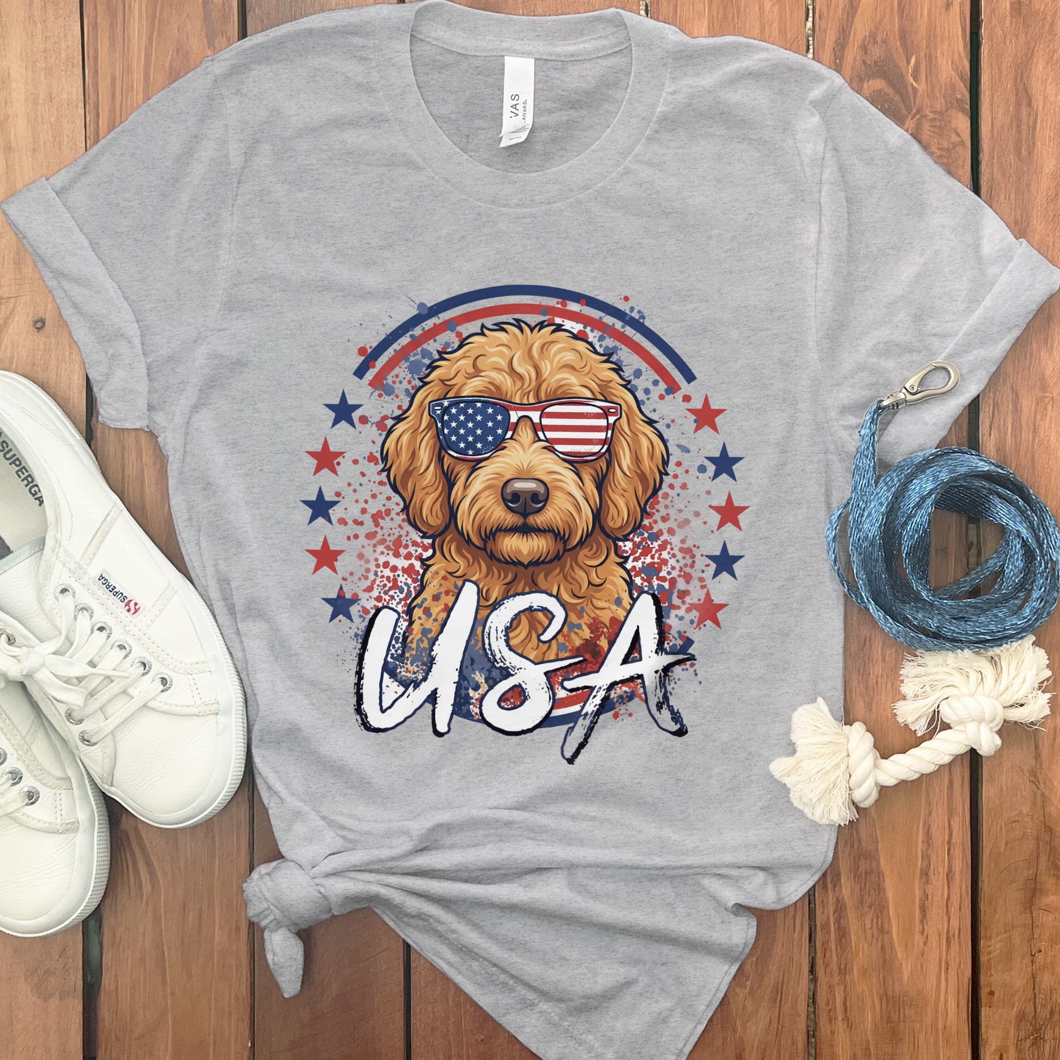 USA Apricot Doodle T-Shirt in Athletic Heather / S by Puppy Jo