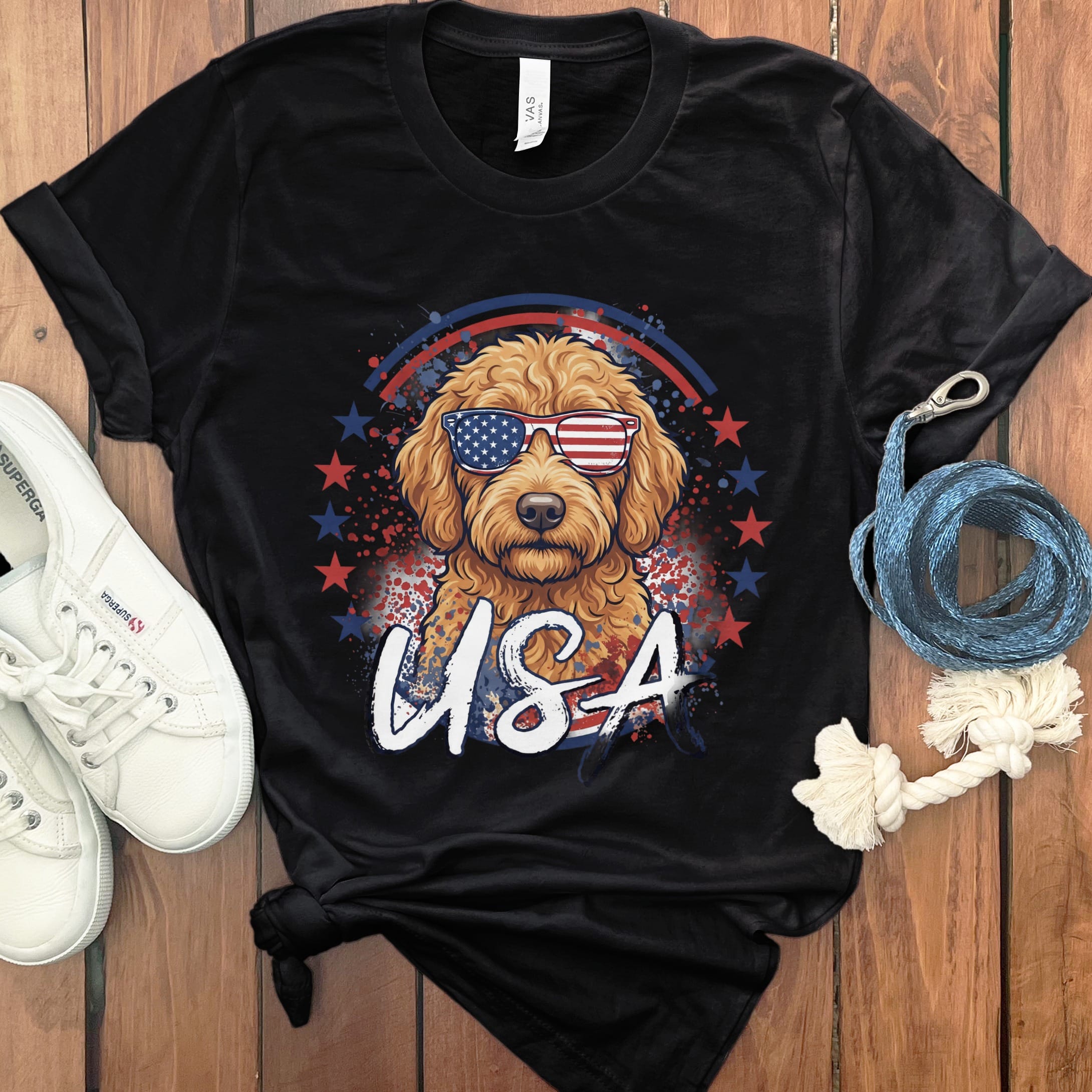 USA Apricot Doodle T-Shirt in Black / S by Puppy Jo