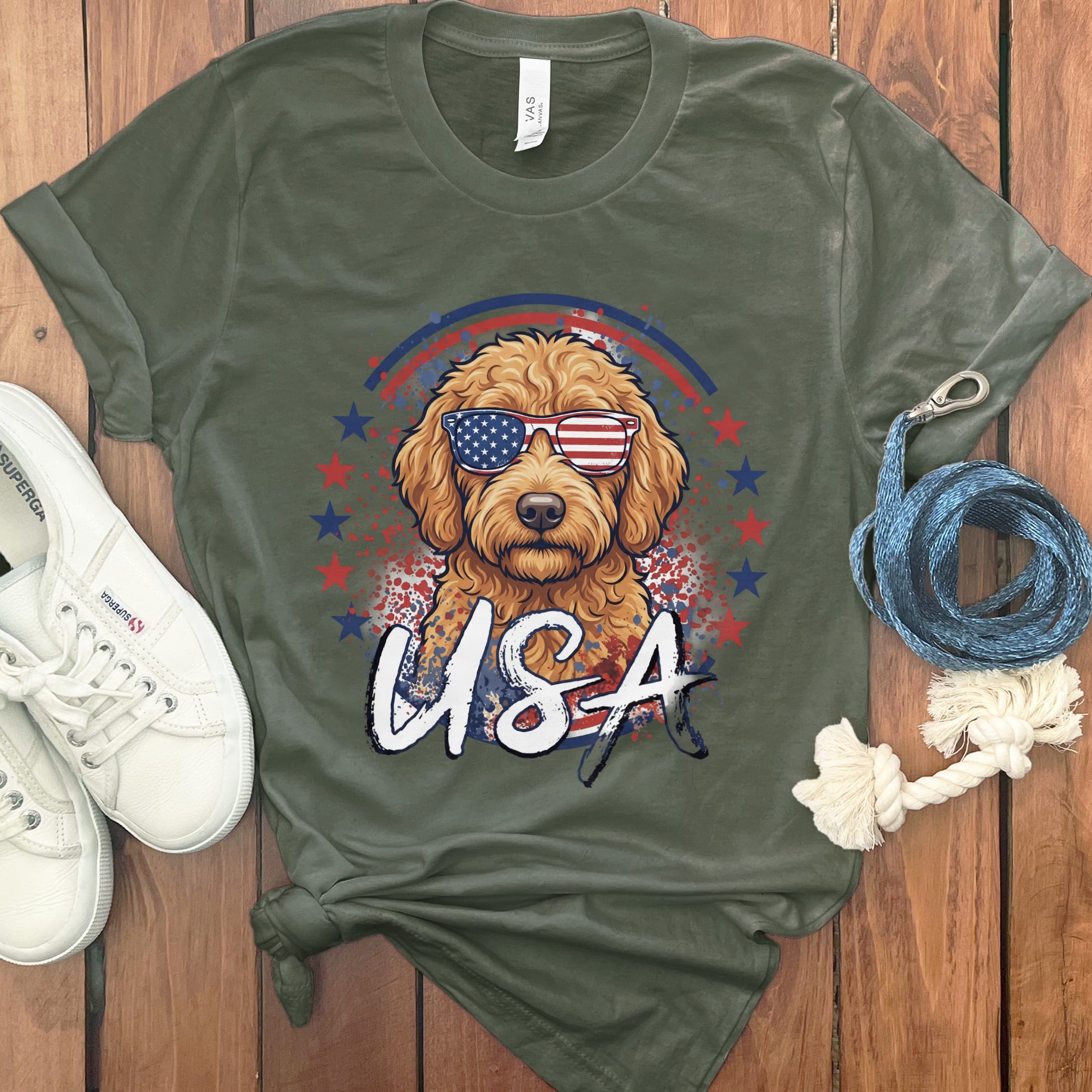 USA Apricot Doodle T-Shirt in Military Green / S by Puppy Jo