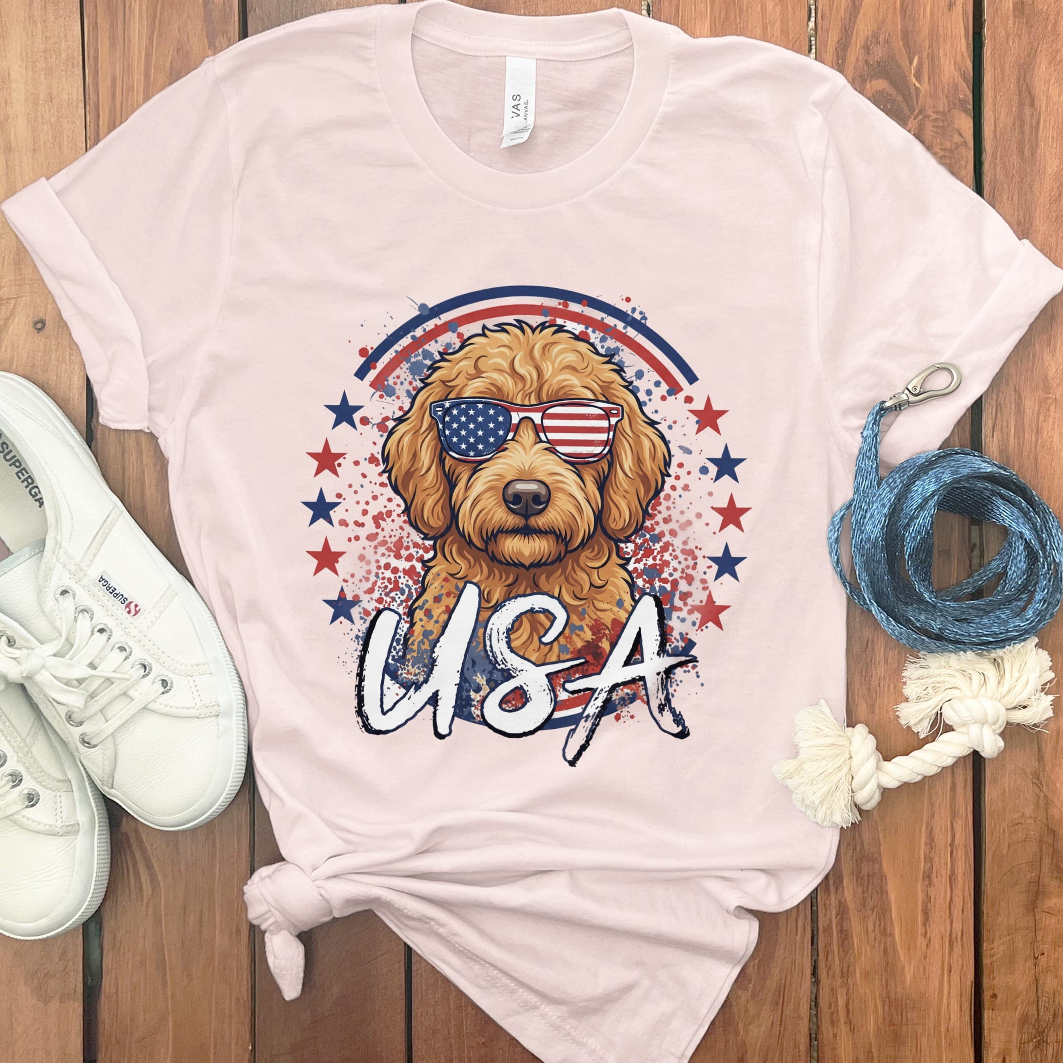 USA Apricot Doodle T-Shirt in Soft Pink / S by Puppy Jo