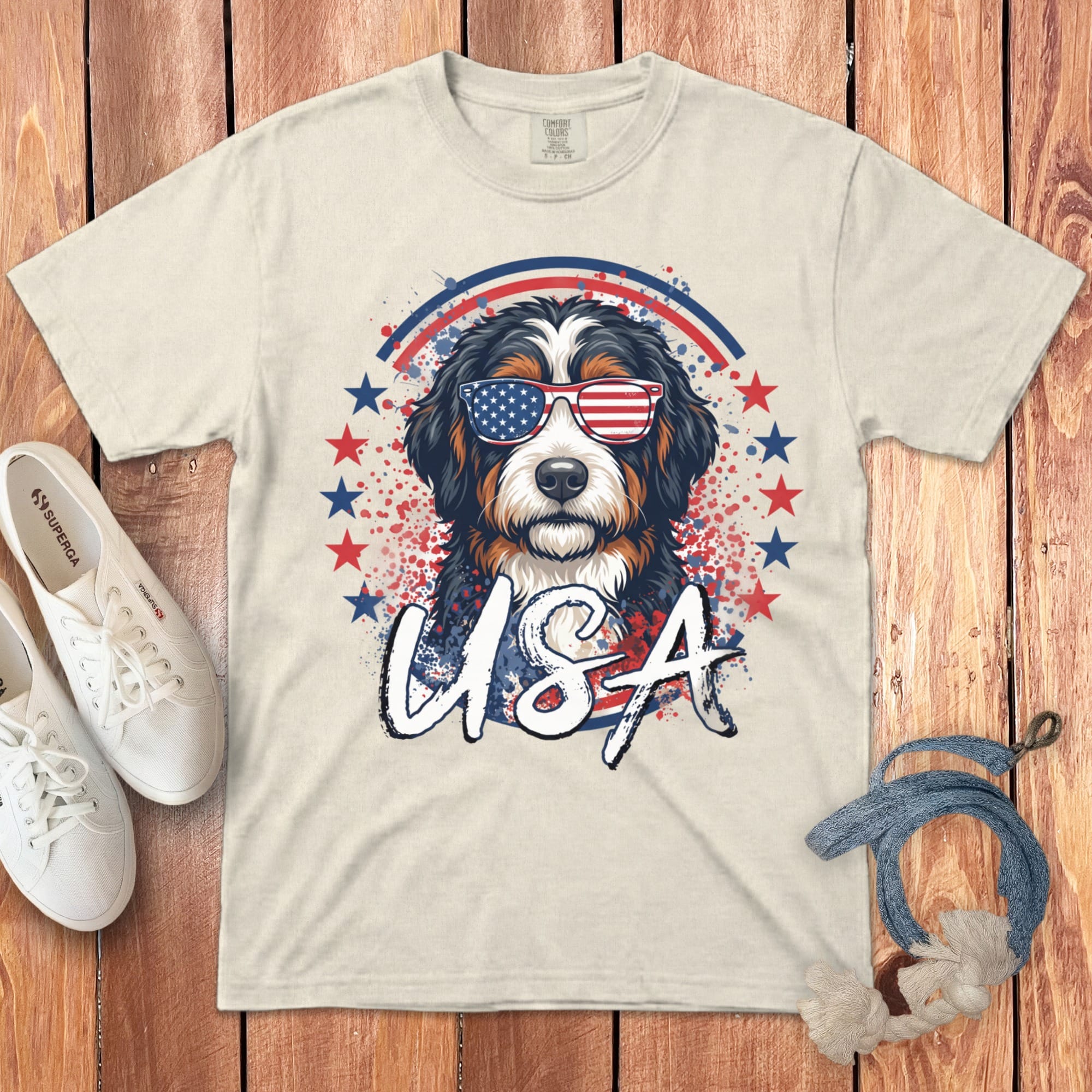 USA Bernedoodle Signature T-Shirt in 2XL / Ivory by Puppy Jo