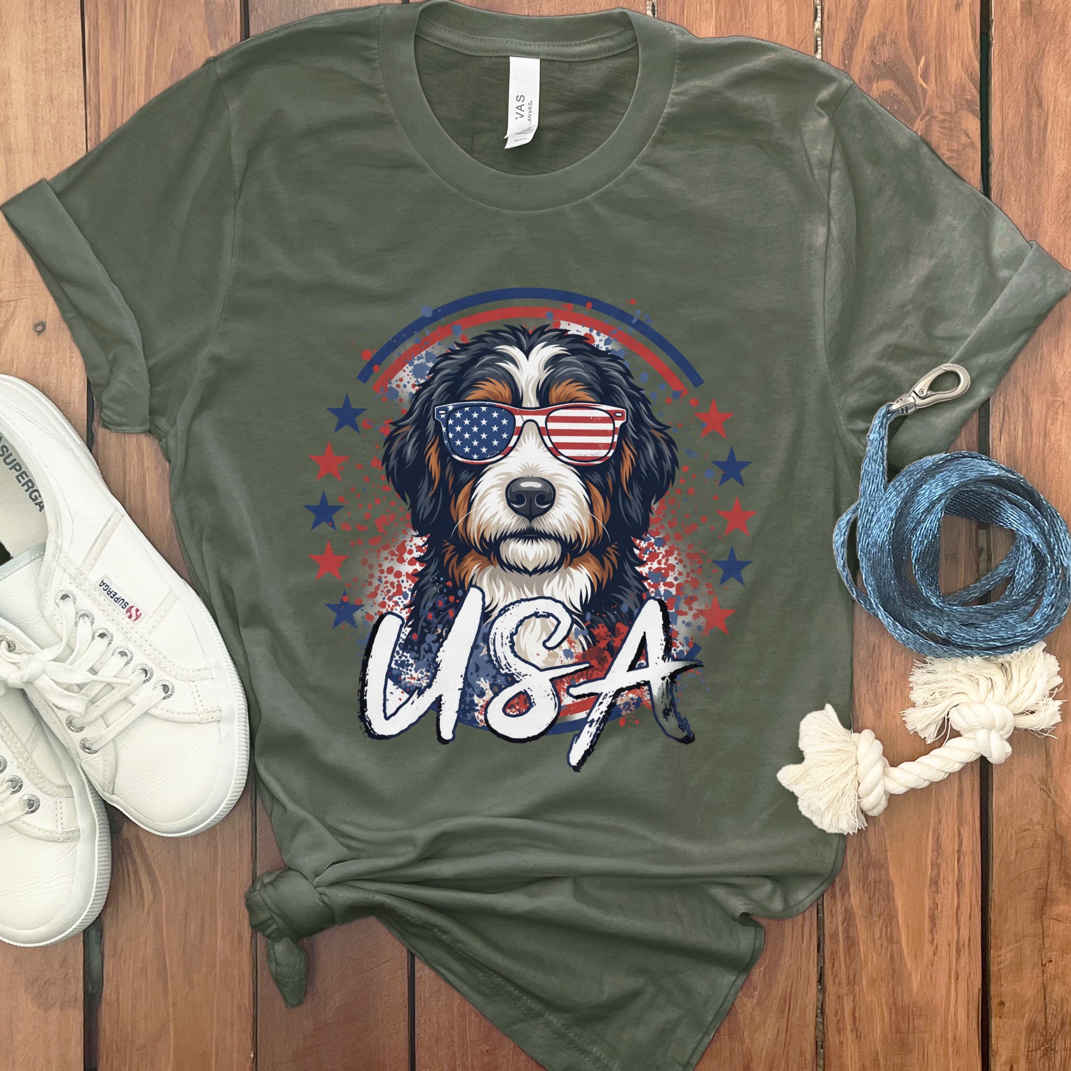USA Bernedoodle T-Shirt in Military Green / S by Puppy Jo