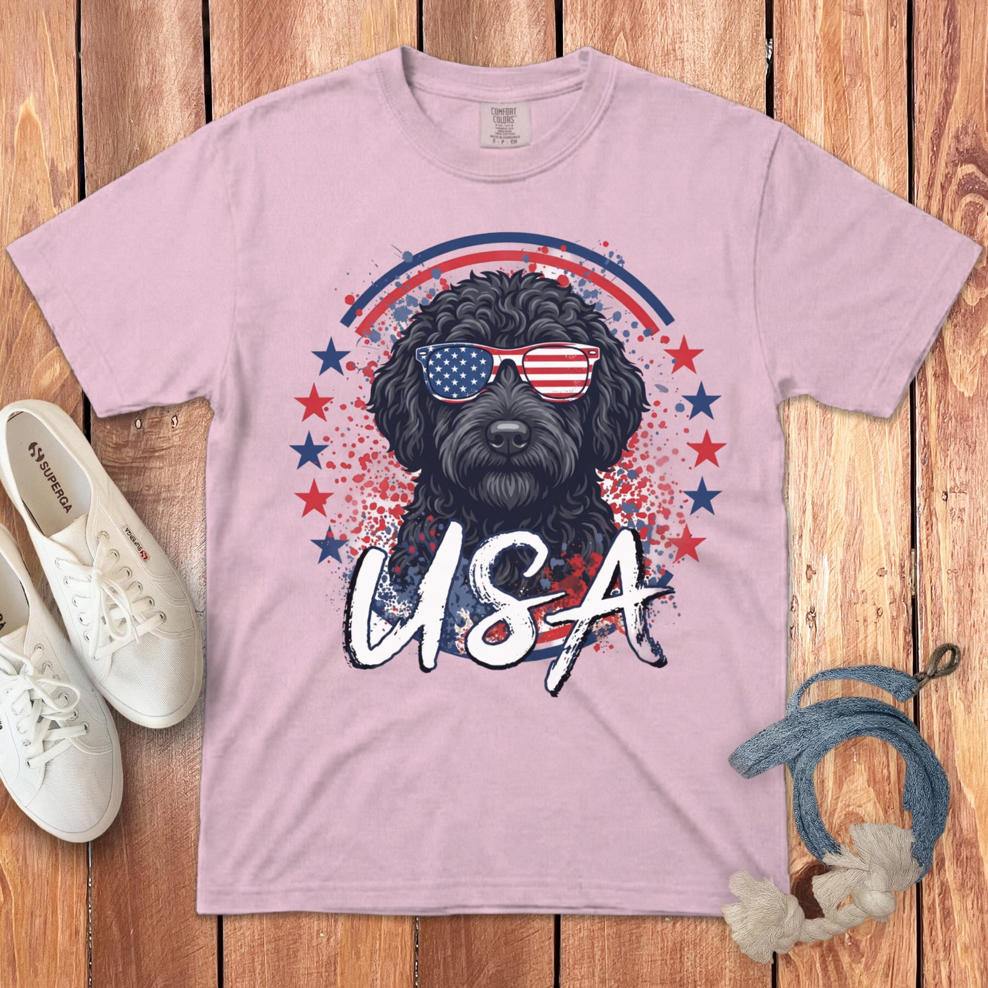 USA Black Doodle Signature T-Shirt in Blossom / S by Puppy Jo