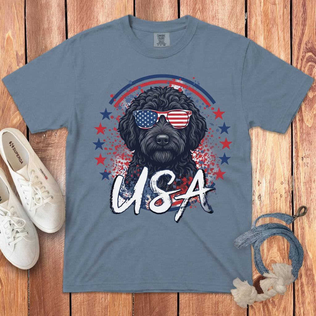 USA Black Doodle Signature T-Shirt in Blue Jean / S by Puppy Jo