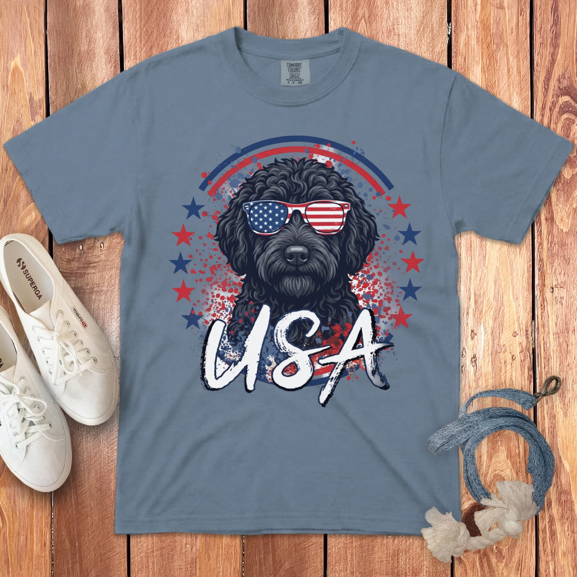 USA Black Doodle Signature T-Shirt in Blue Jean / S by Puppy Jo