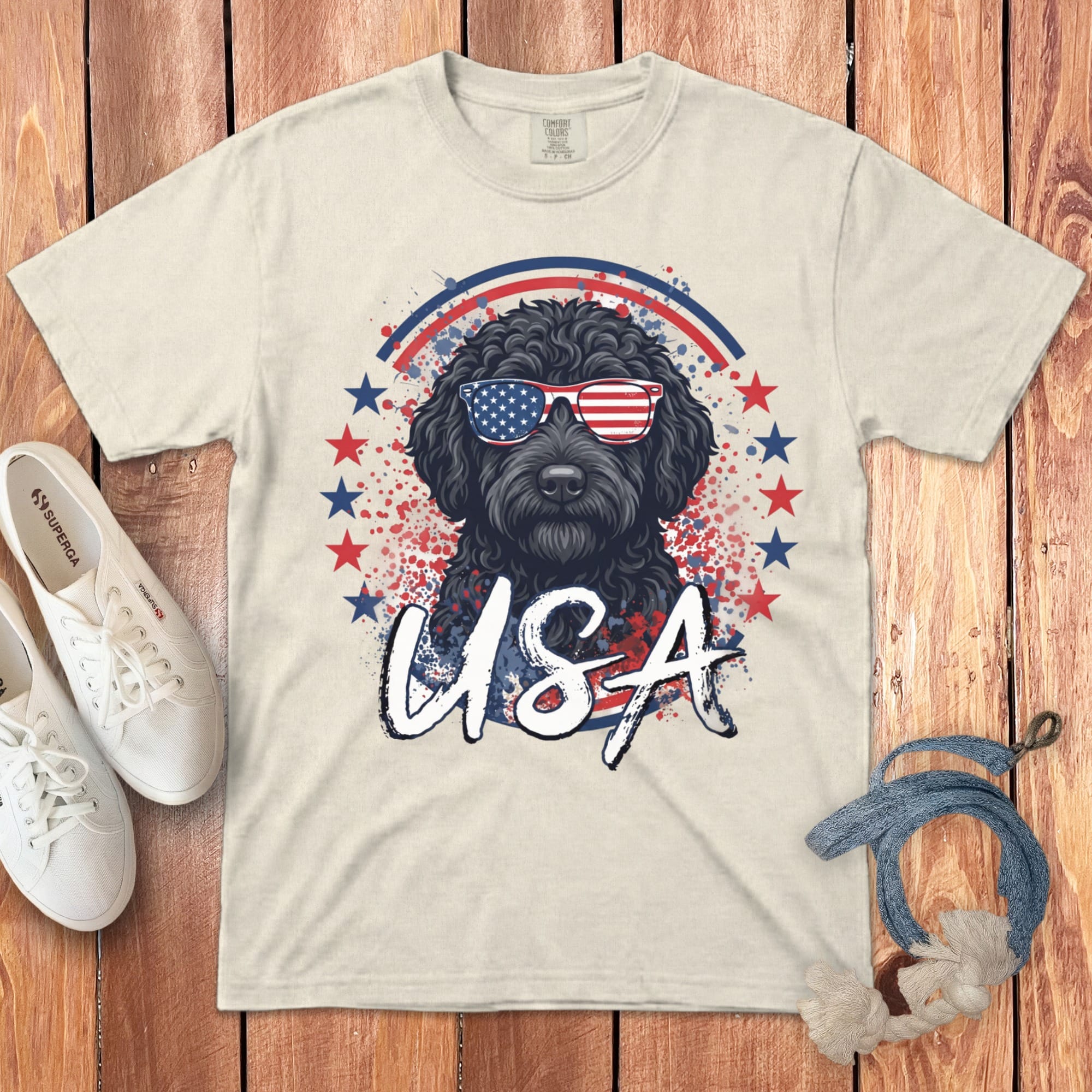 USA Black Doodle Signature T-Shirt in Ivory / S by Puppy Jo