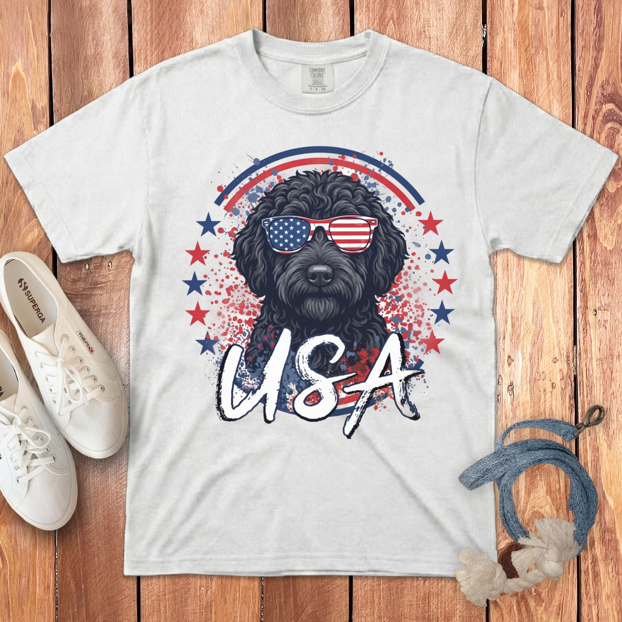 USA Black Doodle Signature T-Shirt in White / S by Puppy Jo
