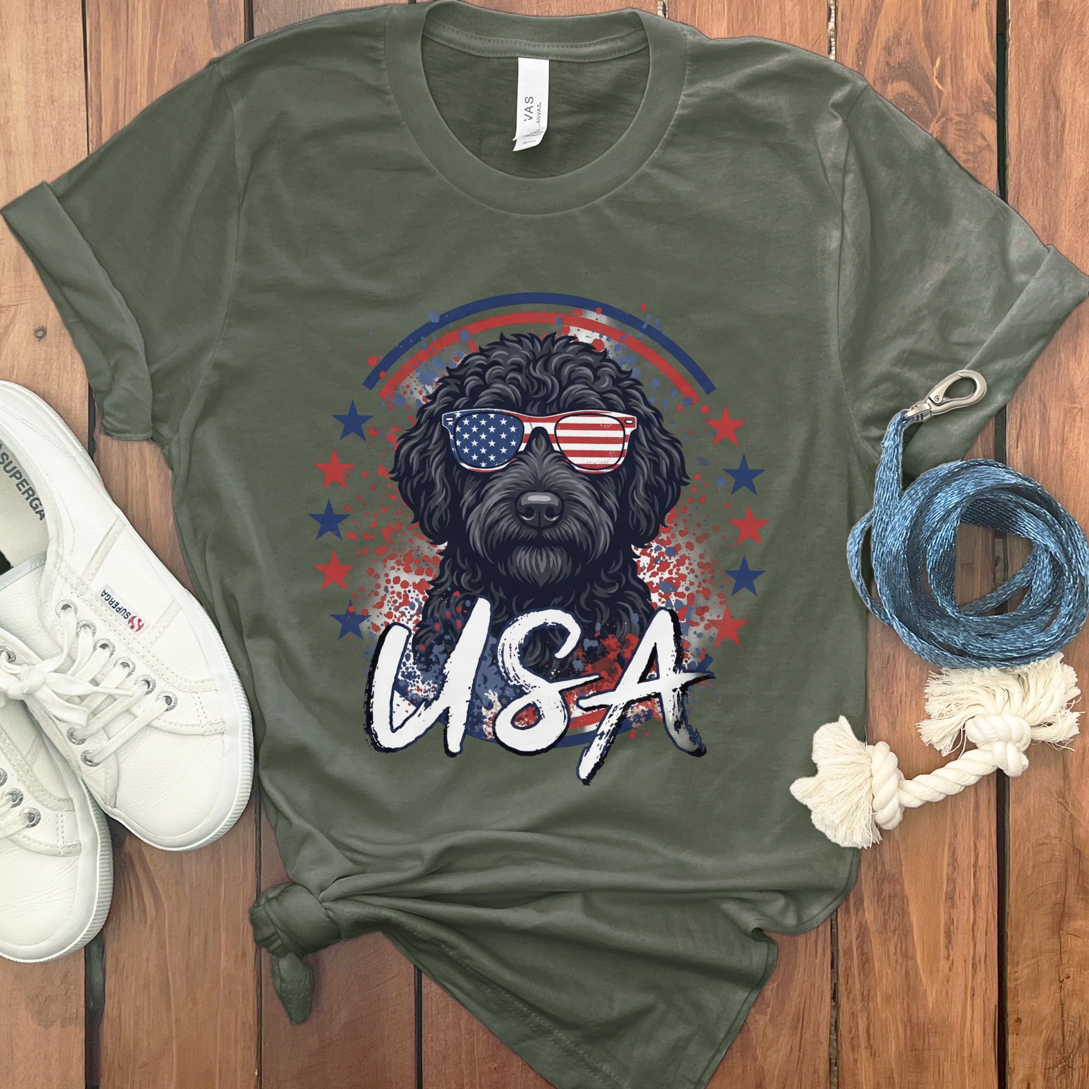 USA Black Doodle T-Shirt in Military Green / S by Puppy Jo
