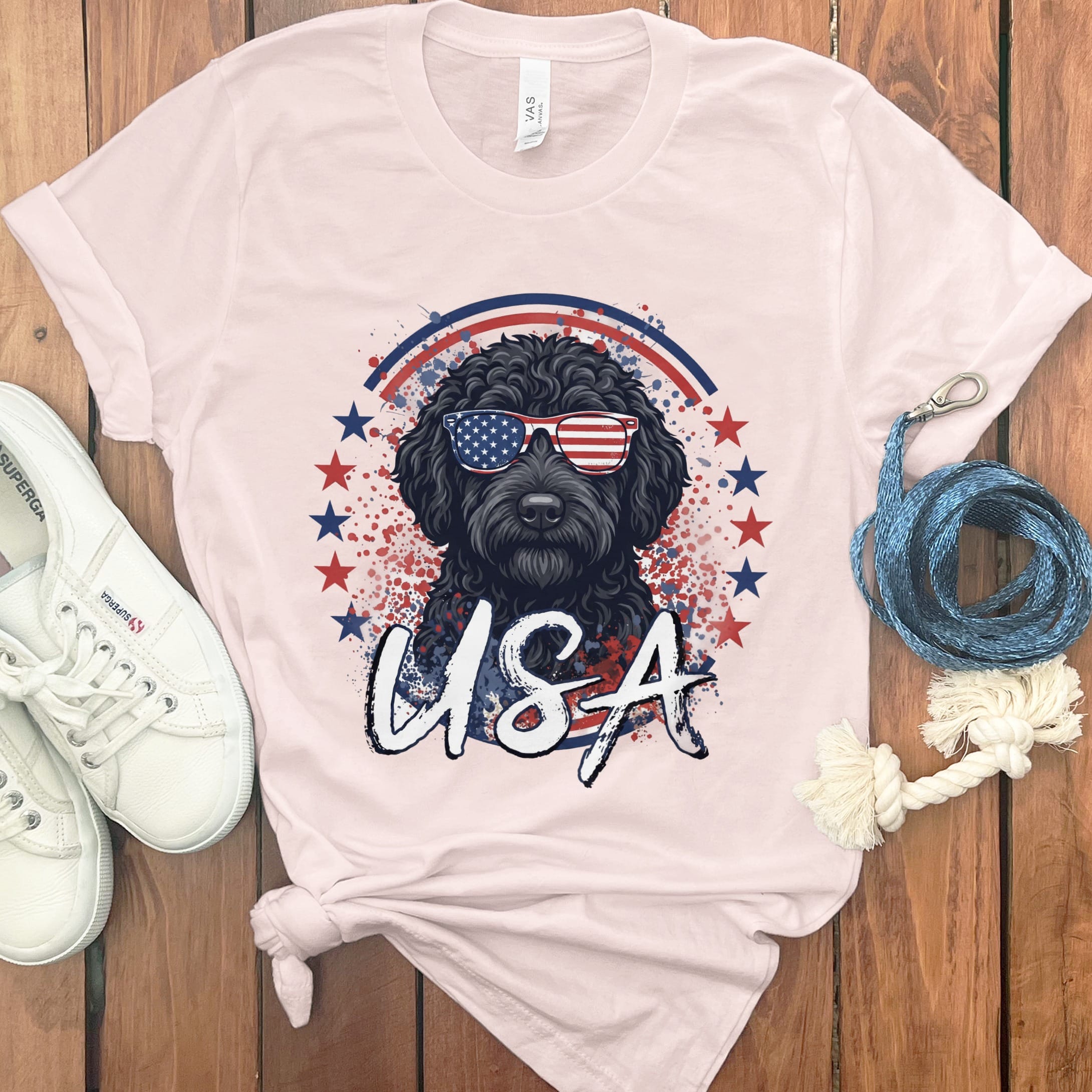 USA Black Doodle T-Shirt in Soft Pink / S by Puppy Jo
