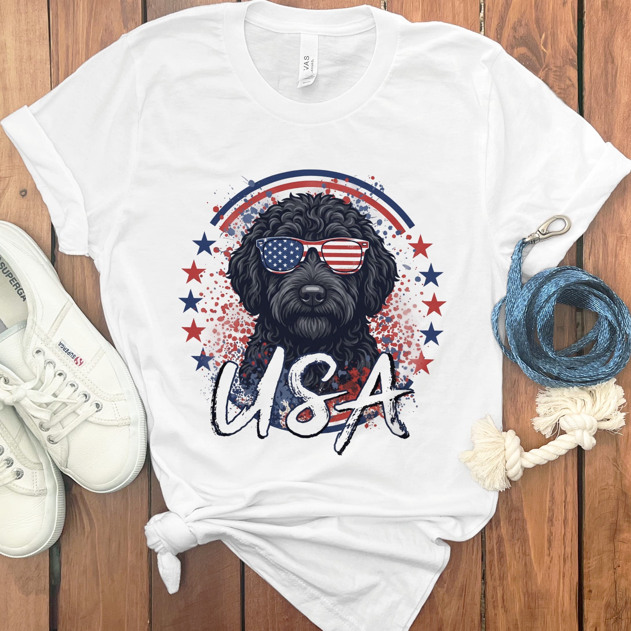 USA Black Doodle T-Shirt in White / S by Puppy Jo