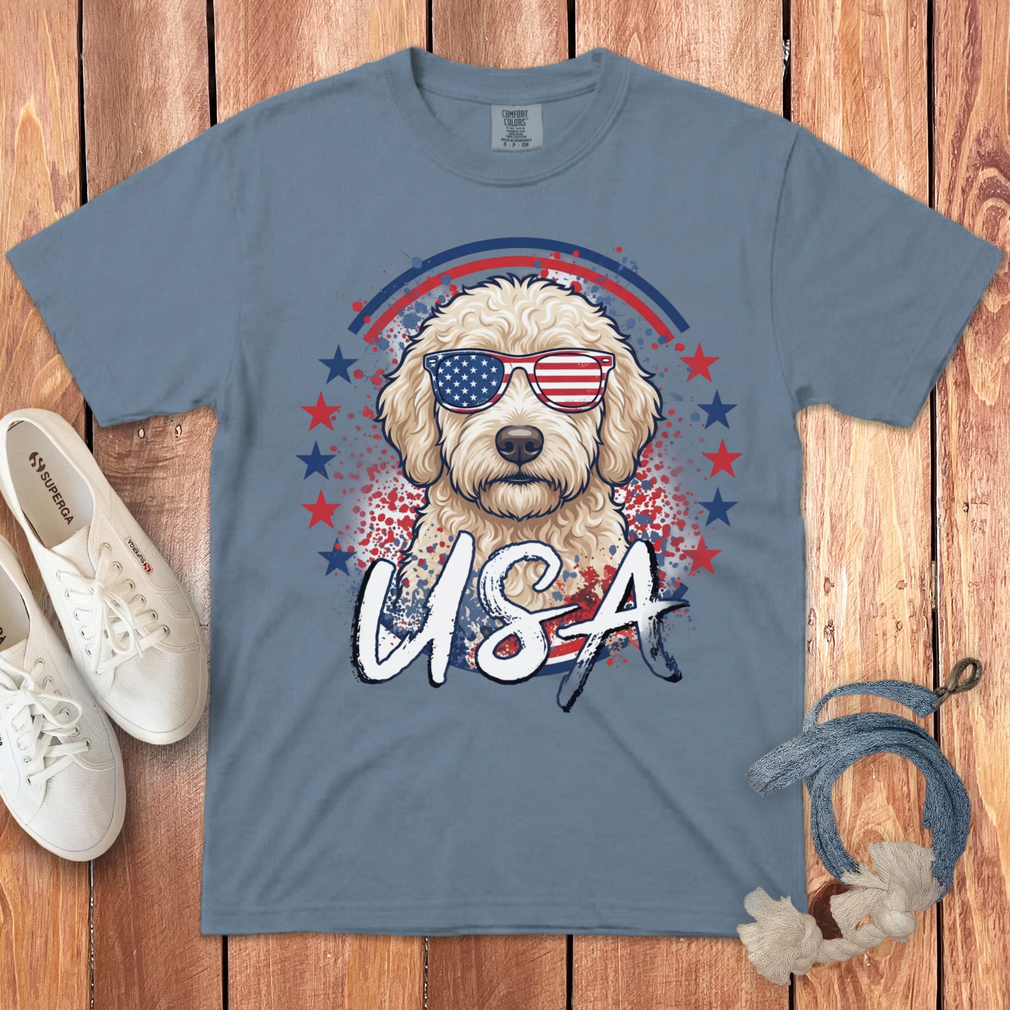 USA Cream Doodle Signature T-Shirt in S / Blue Jean by Puppy Jo
