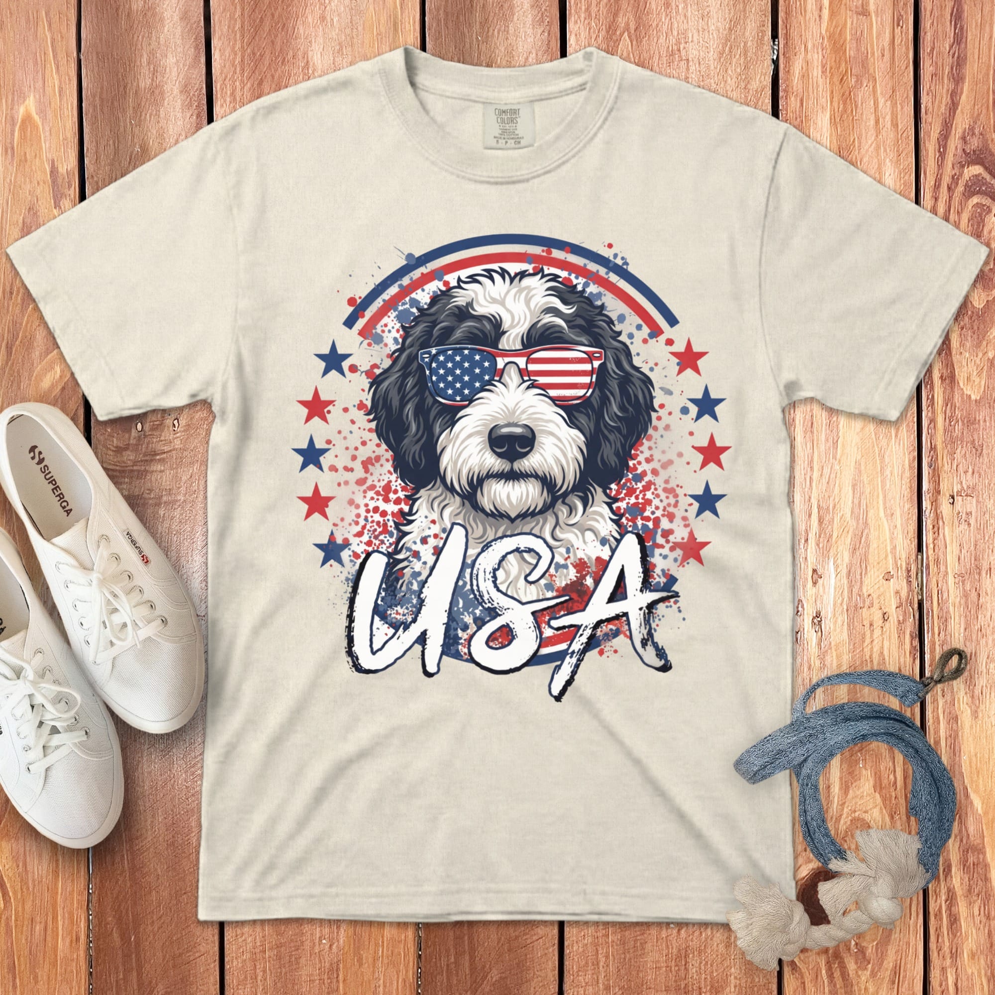 USA Sheepadoodle Signature T-Shirt in 2XL / Ivory by Puppy Jo
