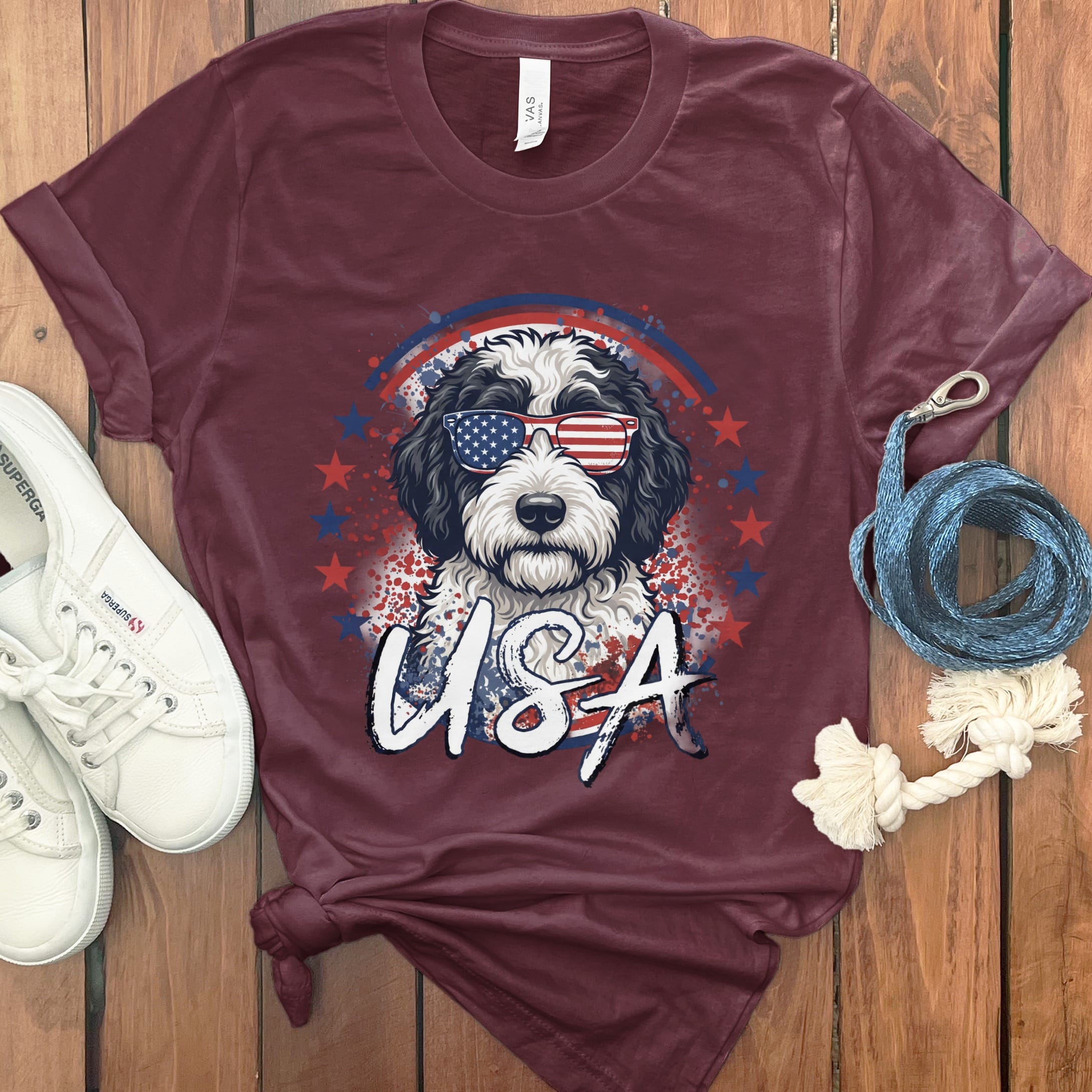 USA Sheepadoodle T-Shirt in Maroon / S by Puppy Jo