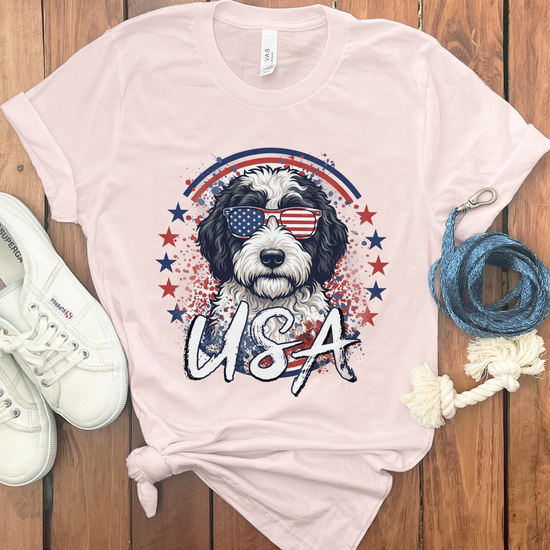 USA Sheepadoodle T-Shirt in Soft Pink / S by Puppy Jo