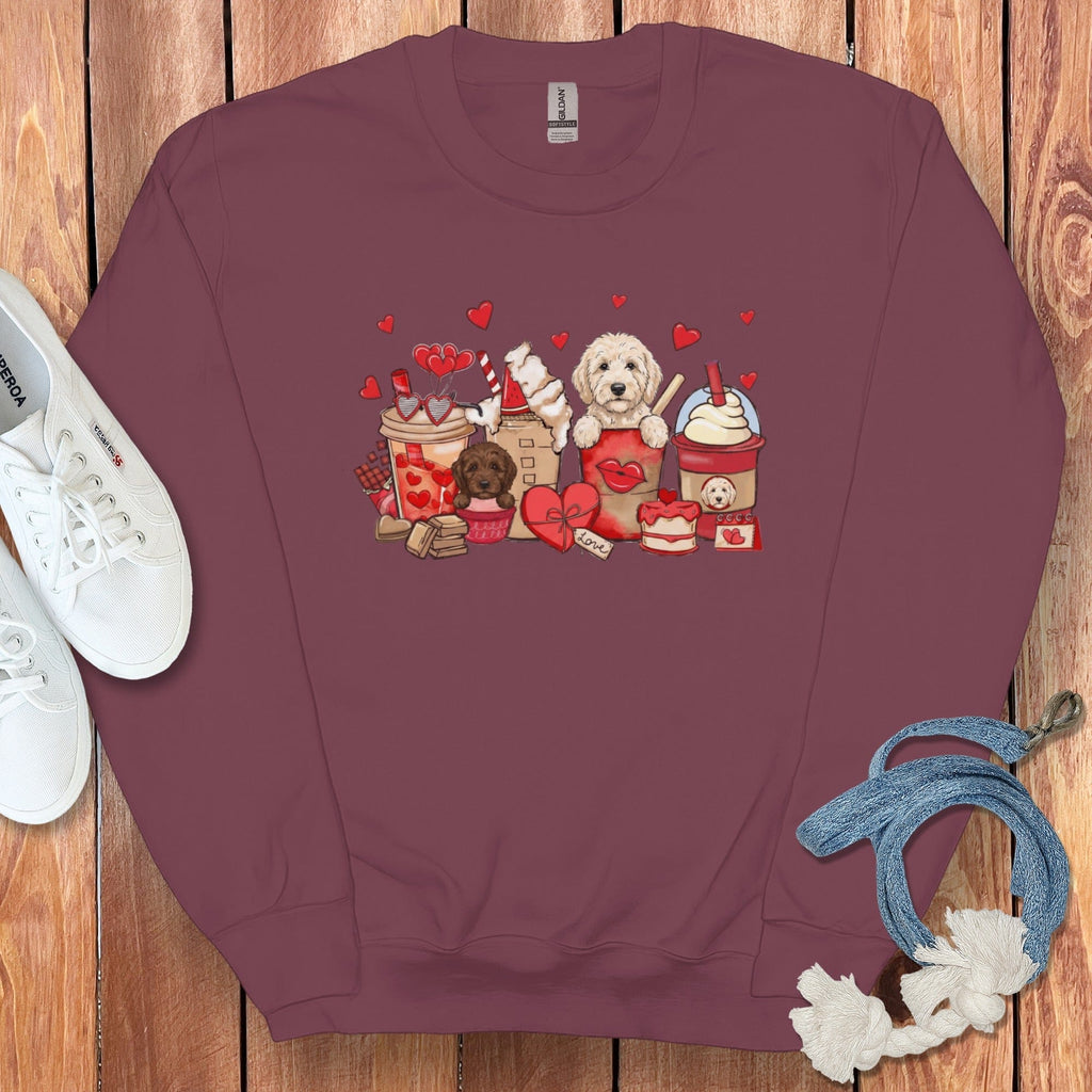 Valentine Cream Goldendoodle Coffee Sweatshirt in Maroon / S by Puppy Jo