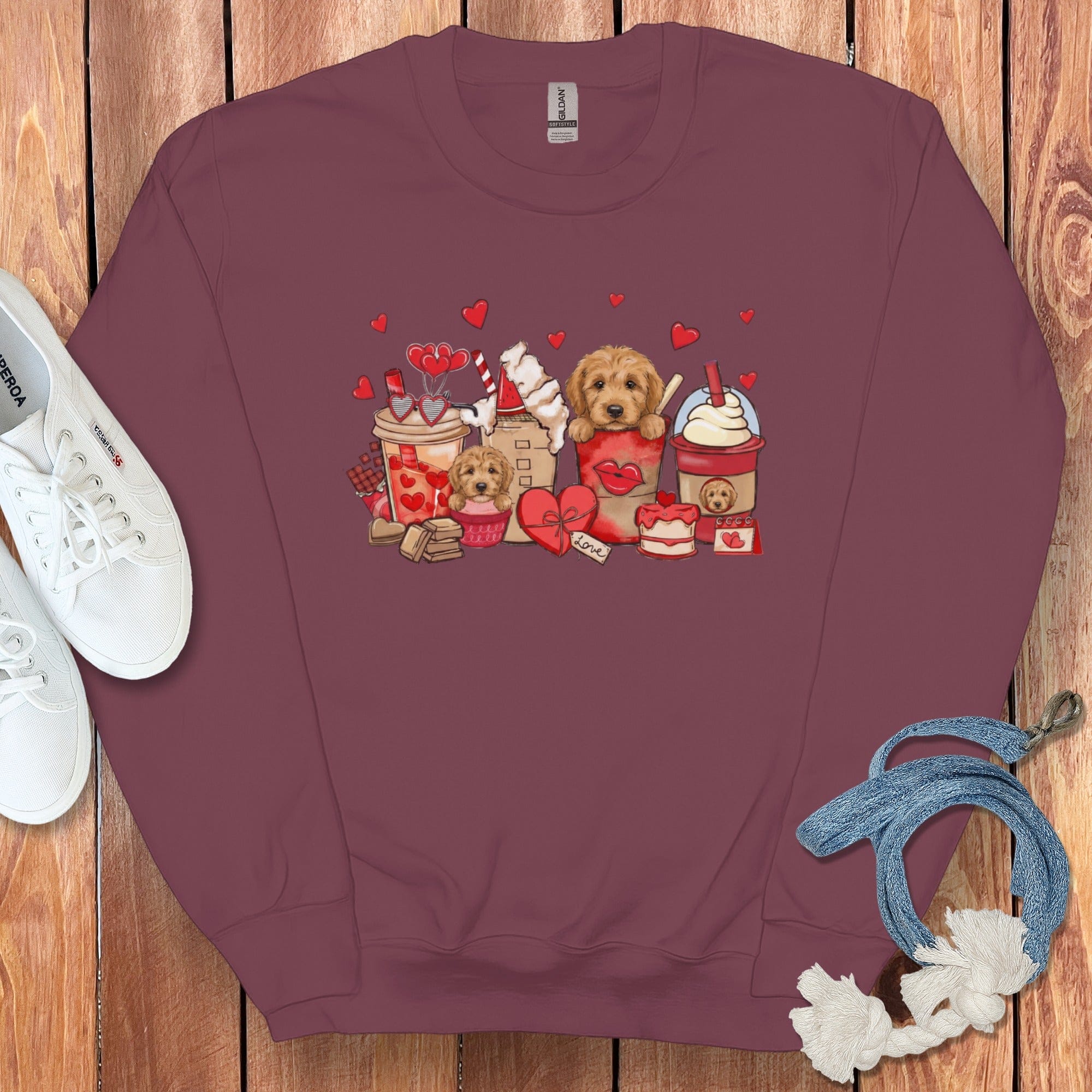 Valentine Goldendoodle Coffee Sweatshirt in Maroon / S by Puppy Jo