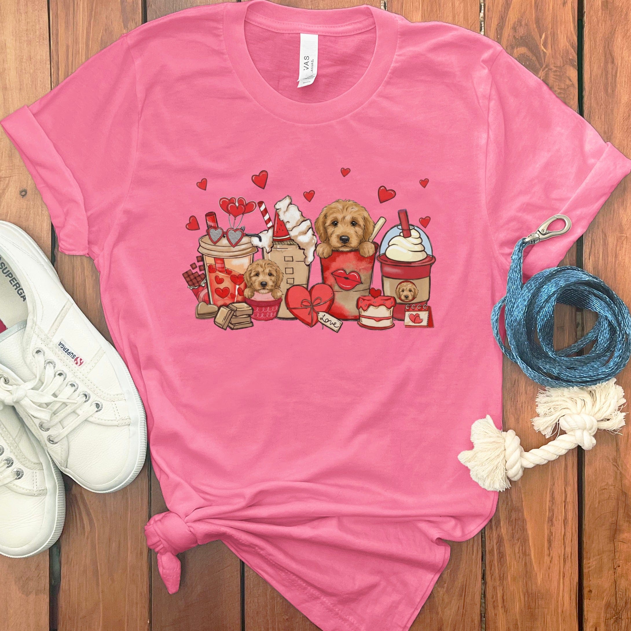 Valentine Goldendoodle Coffee T-Shirt in Charity Pink / S by Puppy Jo