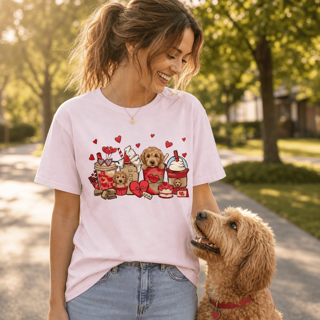 Valentine Goldendoodle Coffee T-Shirt in by Puppy Jo