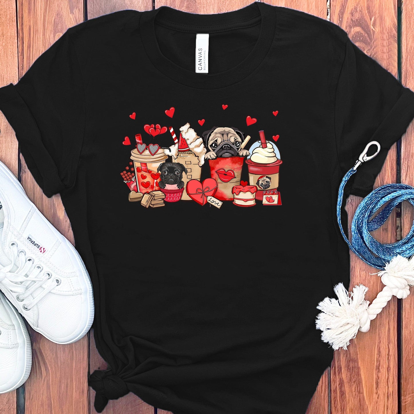 VALENTINE PUGS AND COFFEE T-SHIRT