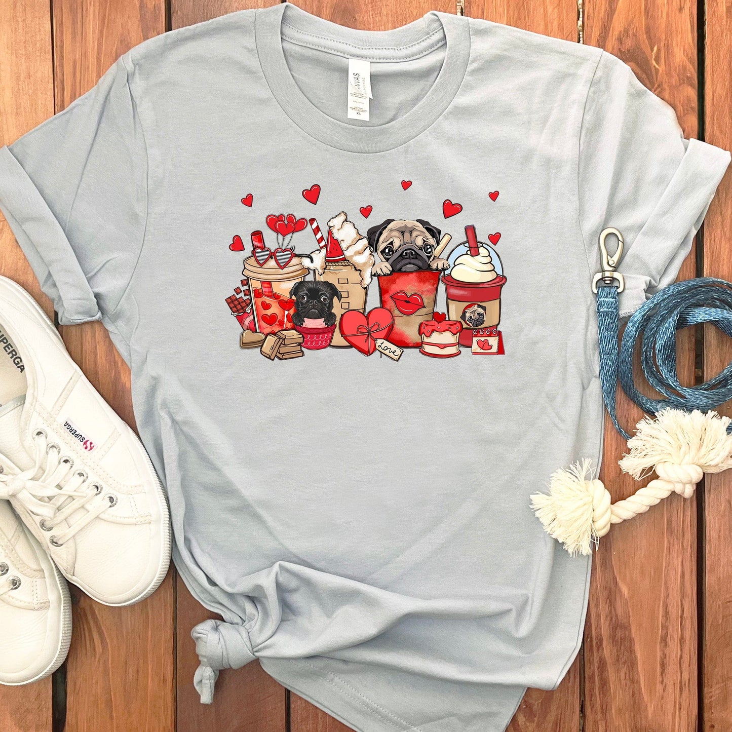 VALENTINE PUGS AND COFFEE T-SHIRT