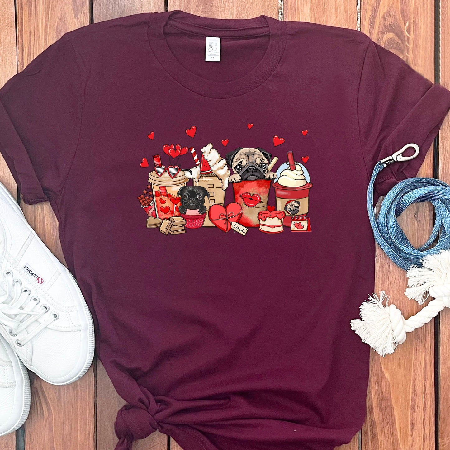 VALENTINE PUGS AND COFFEE T-SHIRT