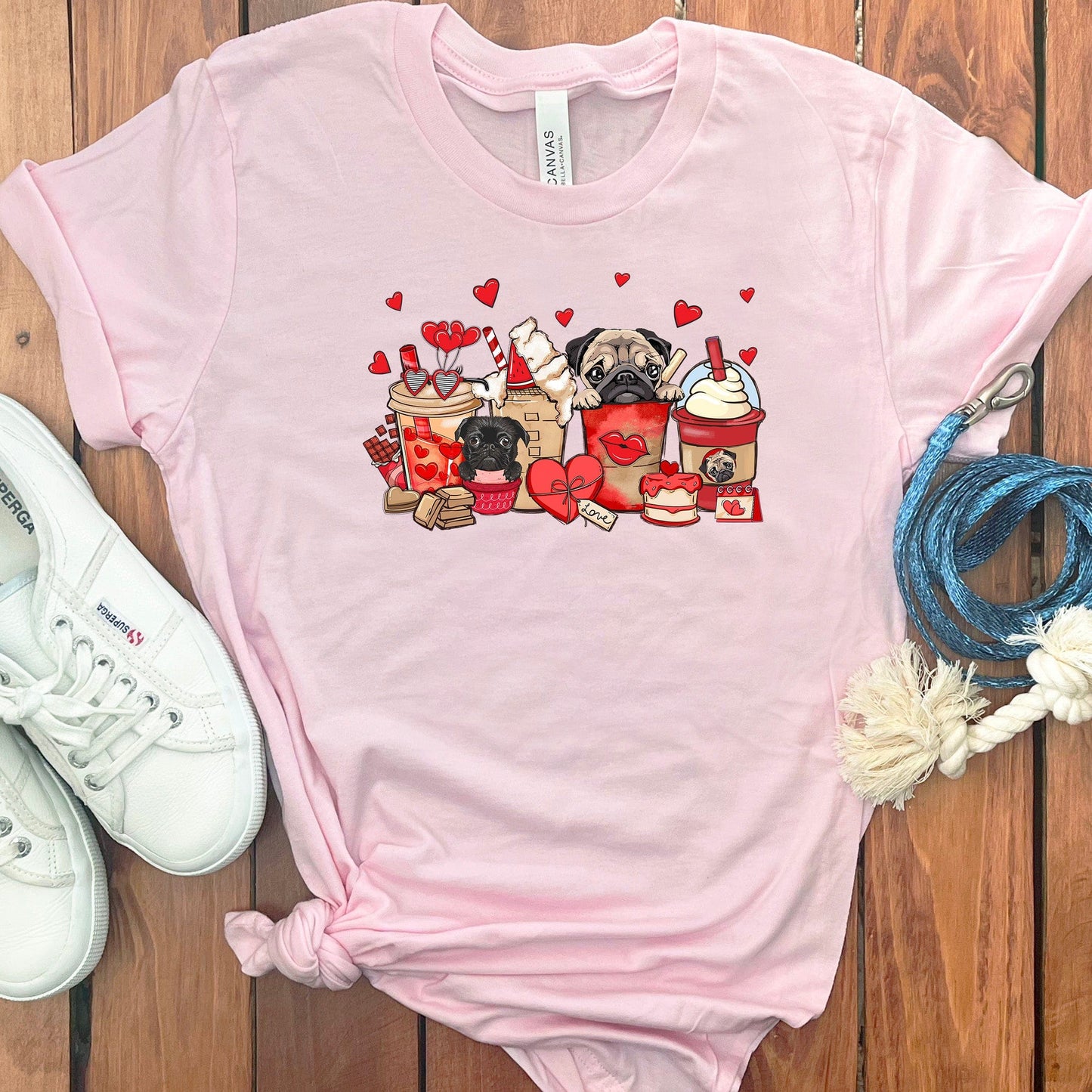 VALENTINE PUGS AND COFFEE T-SHIRT