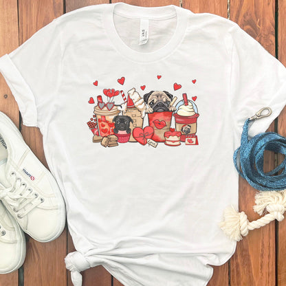 VALENTINE PUGS AND COFFEE T-SHIRT
