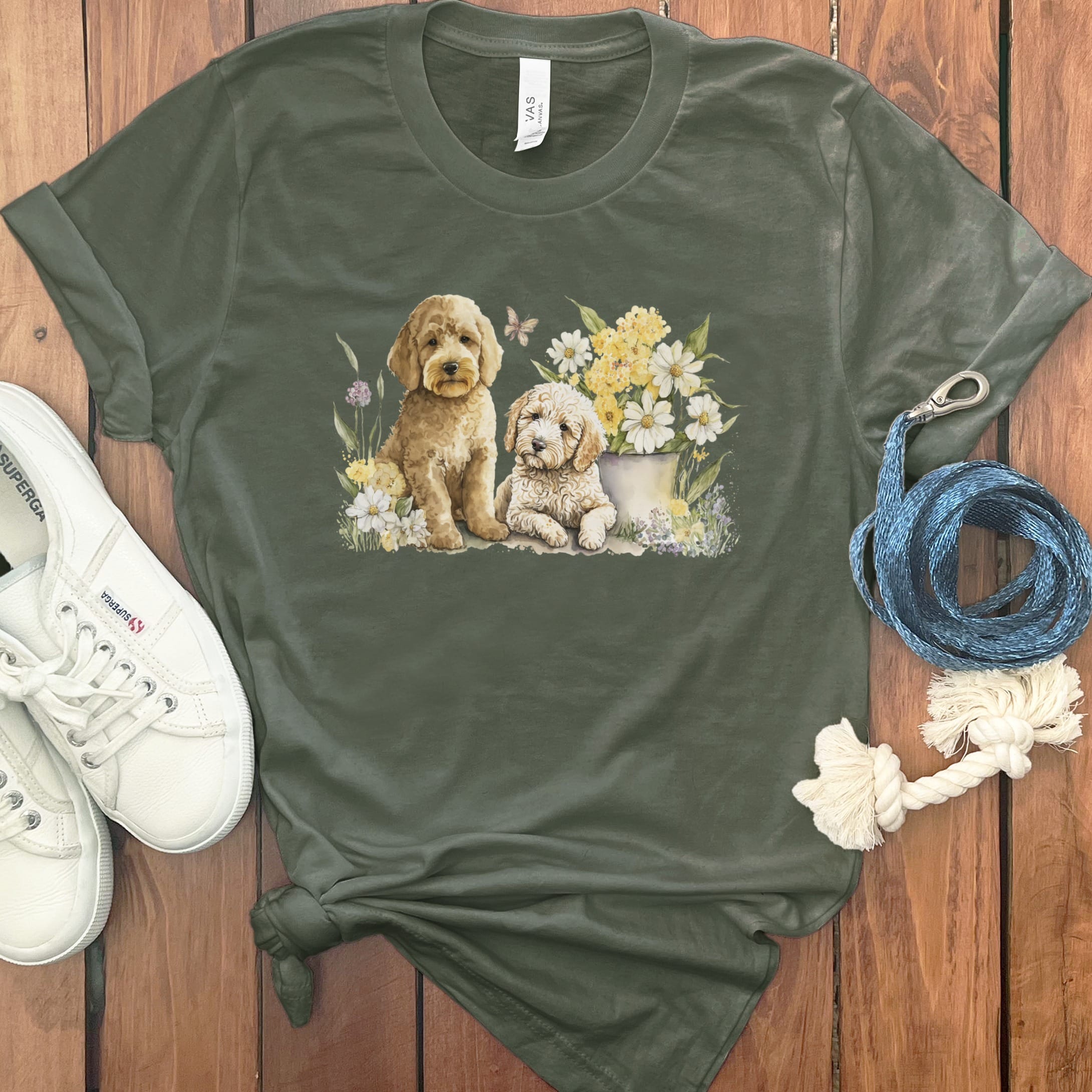 Watercolor Doodle Floral T-Shirt in Military Green / M by Puppy Jo