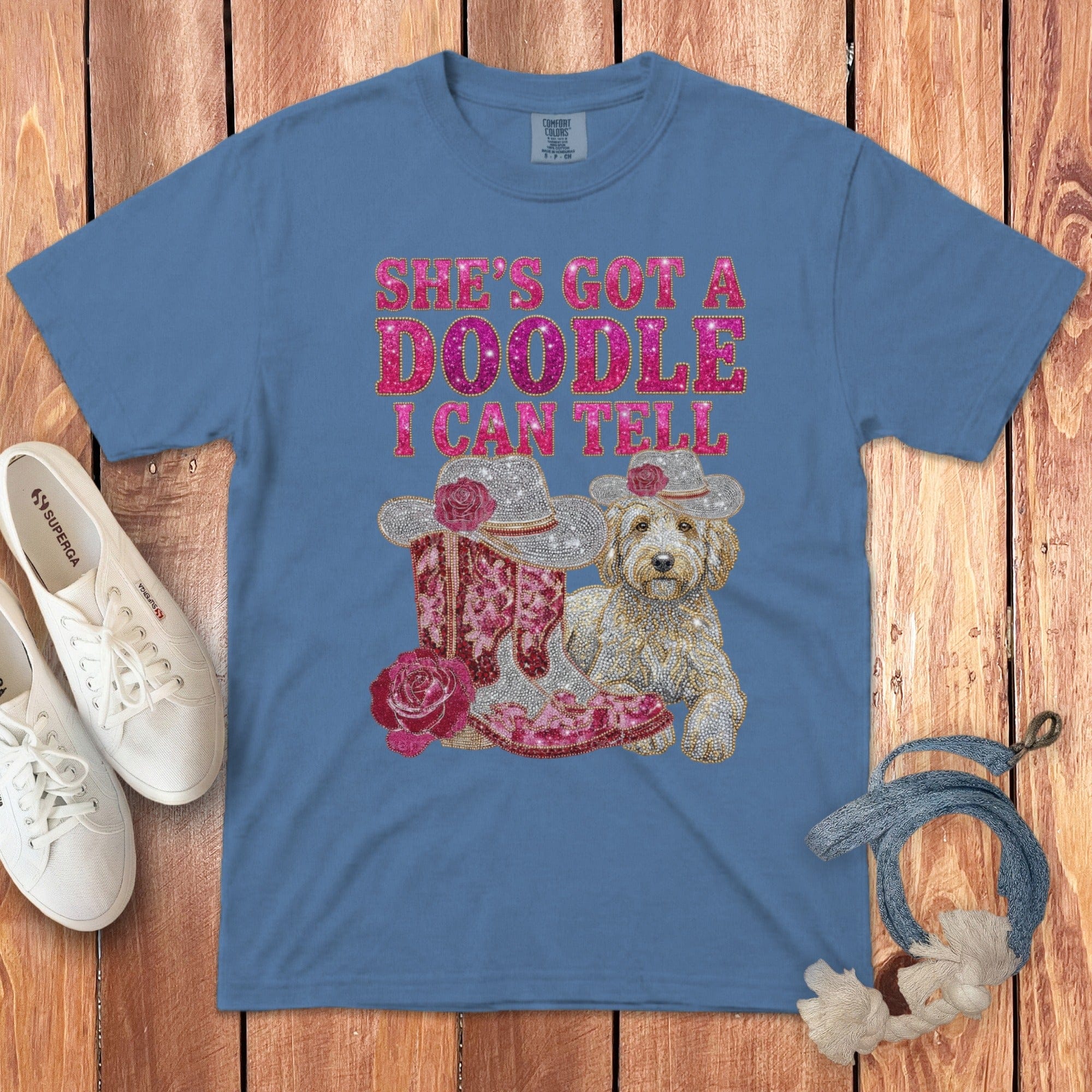 Western Faux Rhinestone Doodle Signature T-Shirt in Blue Jean / S by Puppy Jo