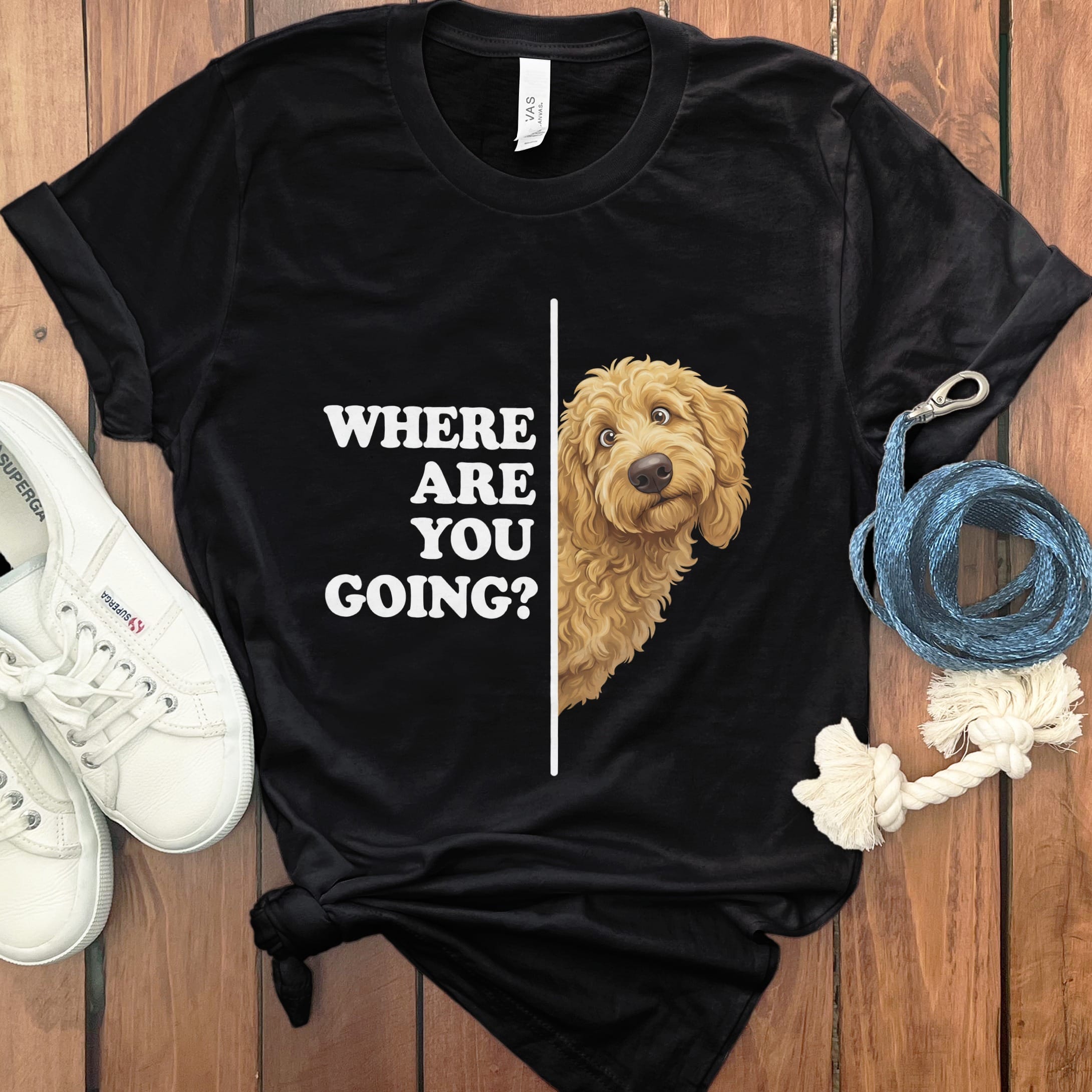 Where Going Apricot Goldendoodle T-Shirt in Black / S by Puppy Jo
