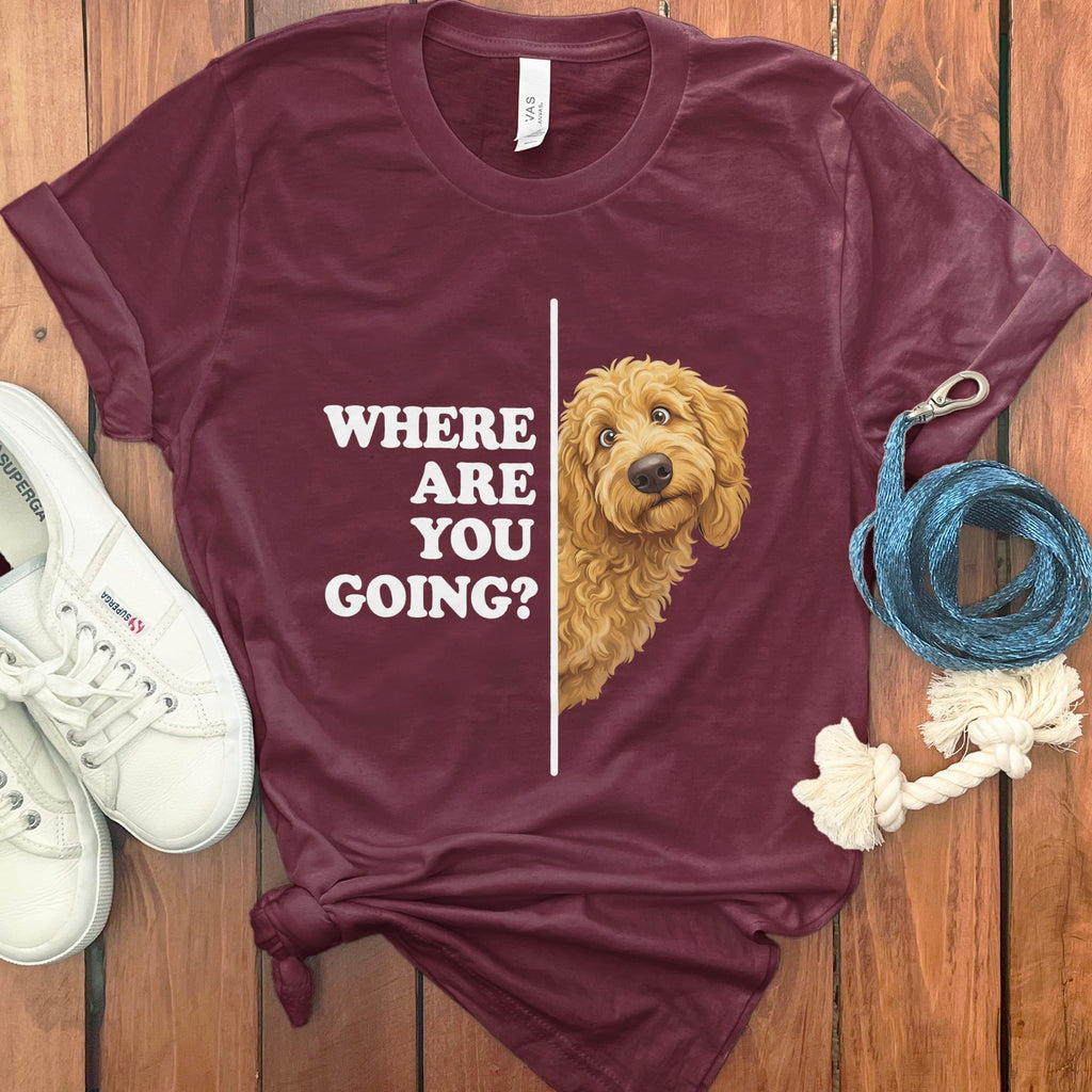 Where Going Apricot Goldendoodle T-Shirt in Maroon / S by Puppy Jo
