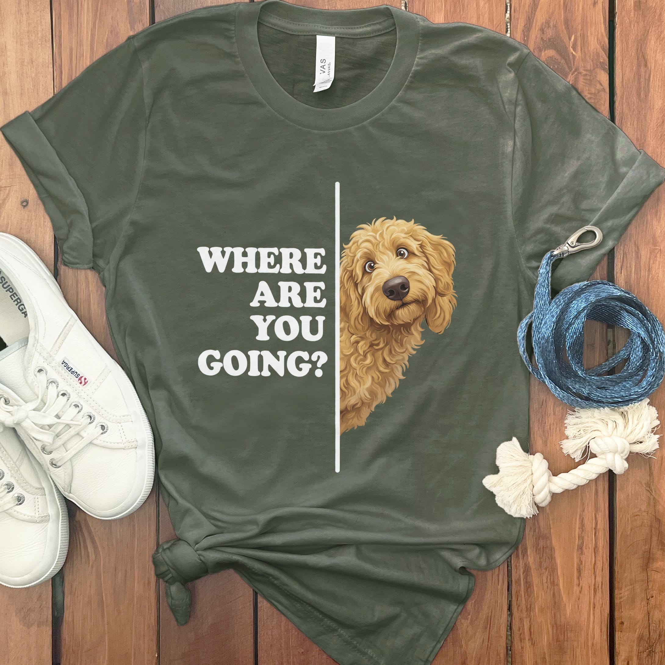 Where Going Apricot Goldendoodle T-Shirt in Military Green / S by Puppy Jo