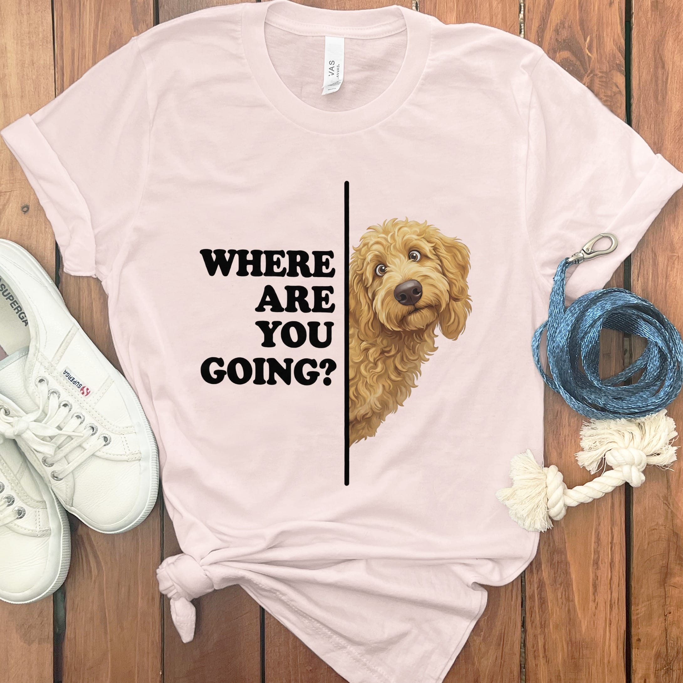 Where Going Apricot Goldendoodle T-Shirt in Soft Pink / S by Puppy Jo