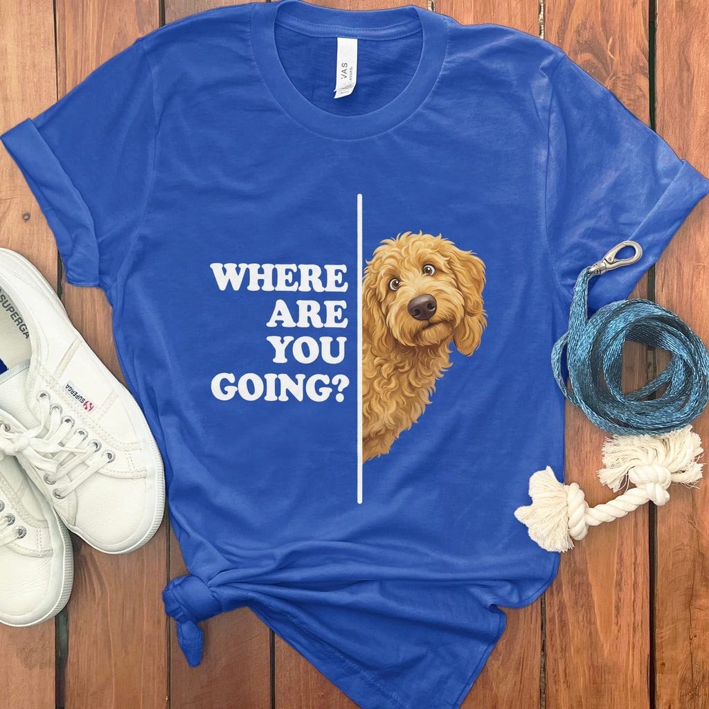 Where Going Apricot Goldendoodle T-Shirt in True Royal / S by Puppy Jo
