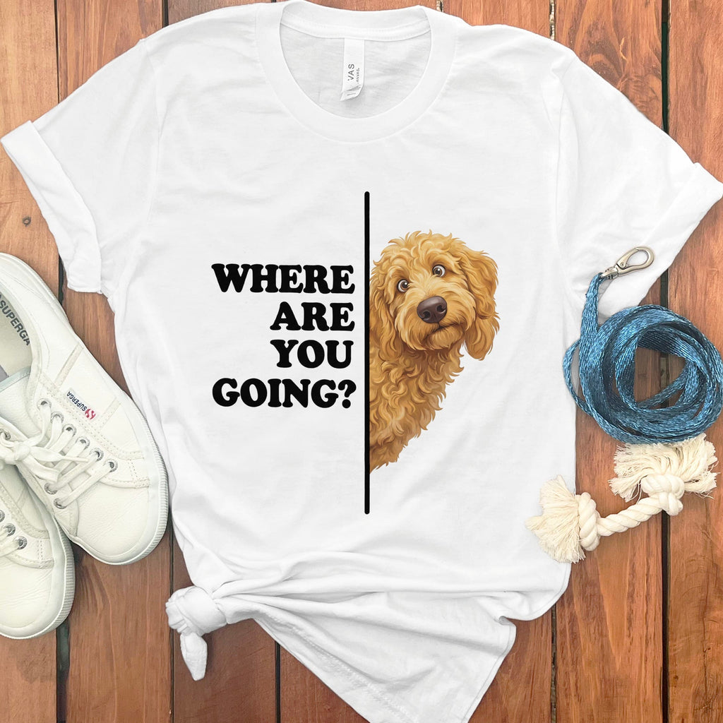 Where Going Apricot Goldendoodle T-Shirt in White / S by Puppy Jo