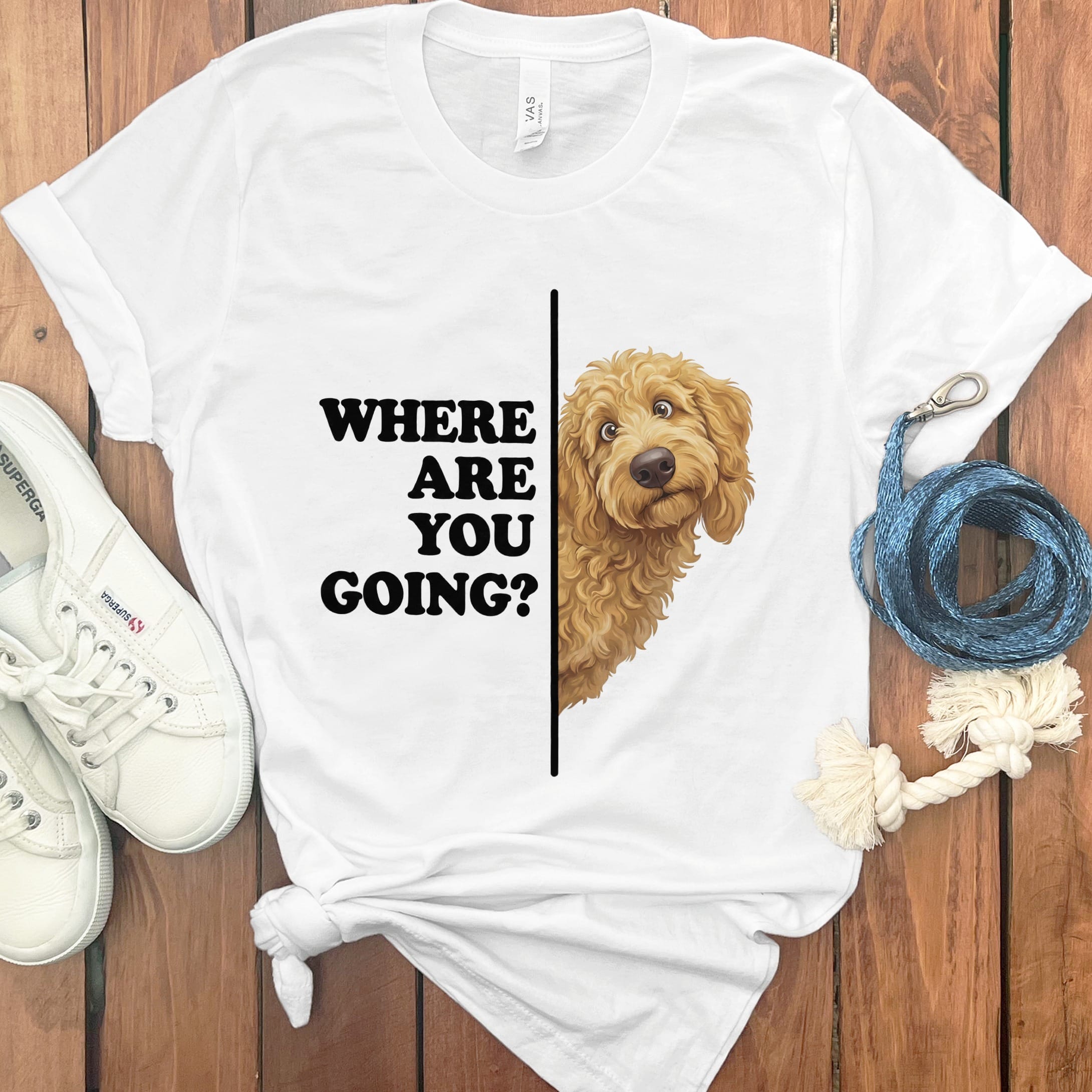 Where Going Apricot Goldendoodle T-Shirt in White / S by Puppy Jo