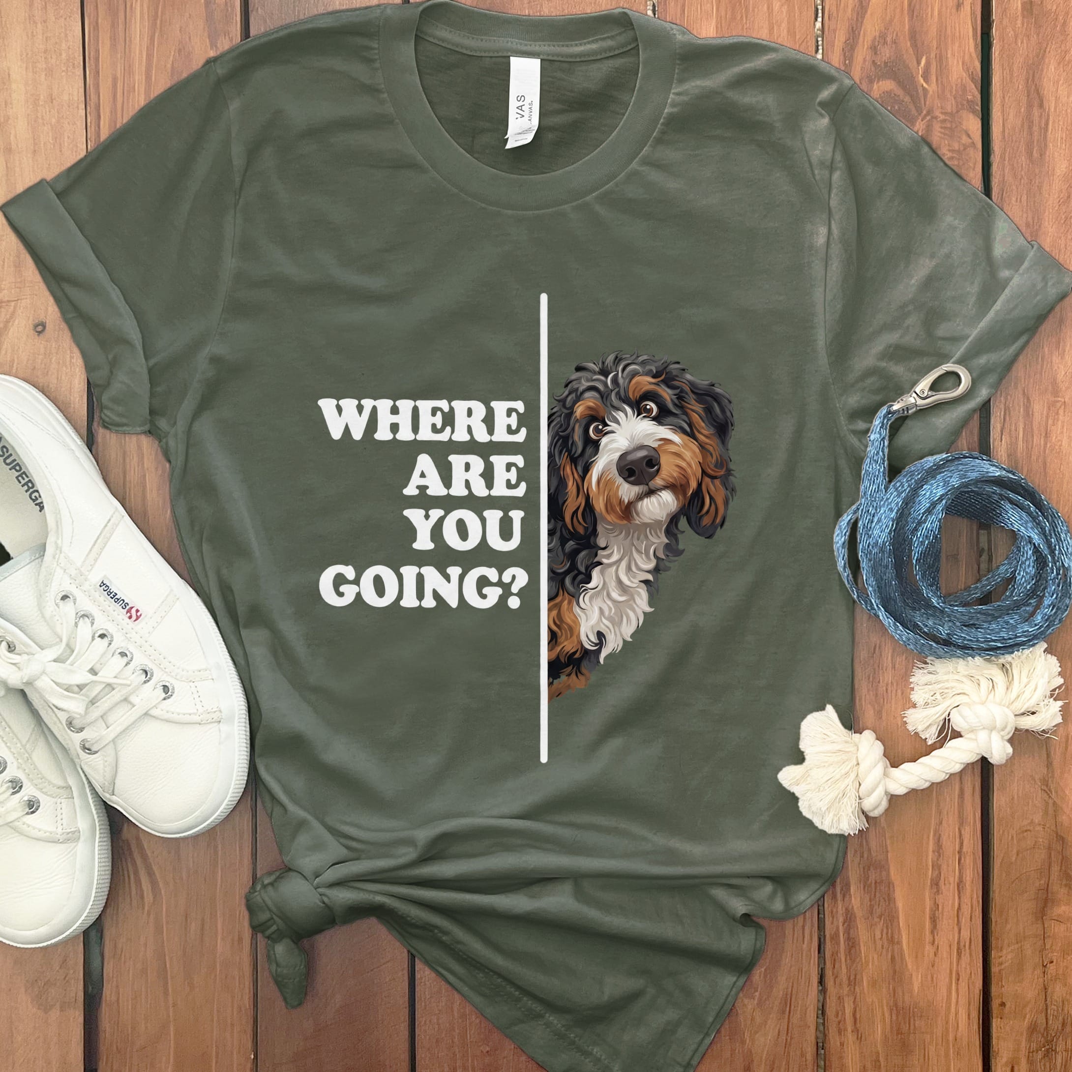 Where Going Bernedoodle T-Shirt in Military Green / M by Puppy Jo