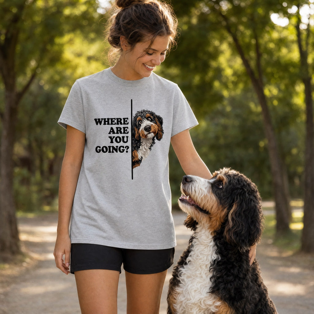 Where Going Bernedoodle T-Shirt in by Puppy Jo