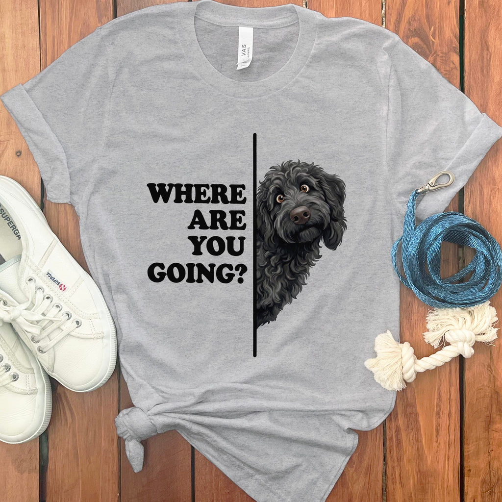 Where Going Black Goldendoodle T-Shirt in Athletic Heather / M by Puppy Jo