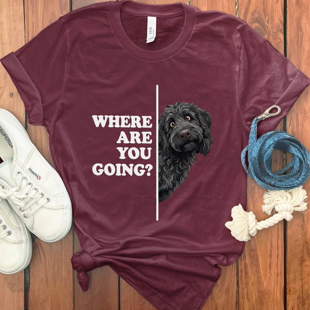 Where Going Black Goldendoodle T-Shirt in Maroon / M by Puppy Jo