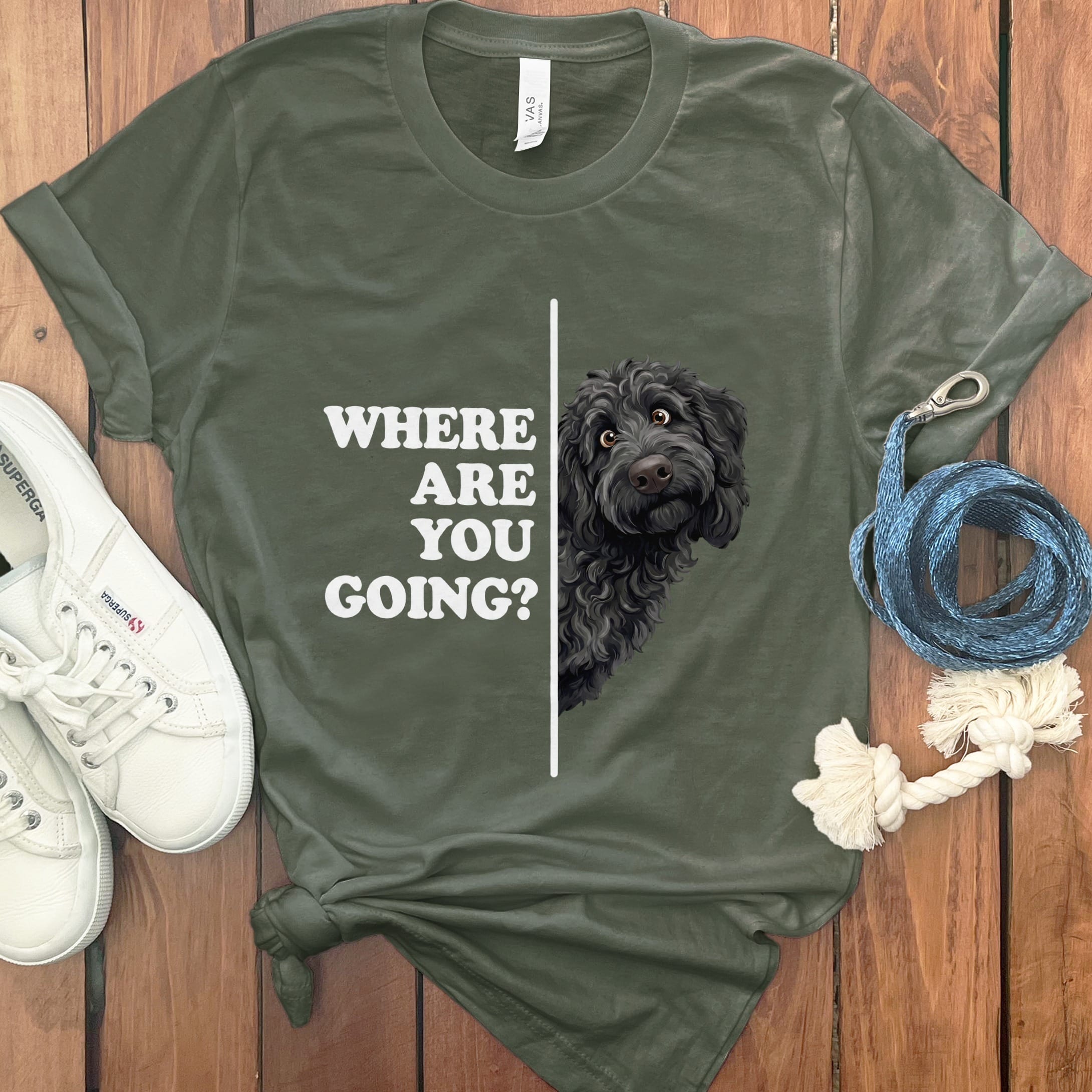 Where Going Black Goldendoodle T-Shirt in Military Green / M by Puppy Jo